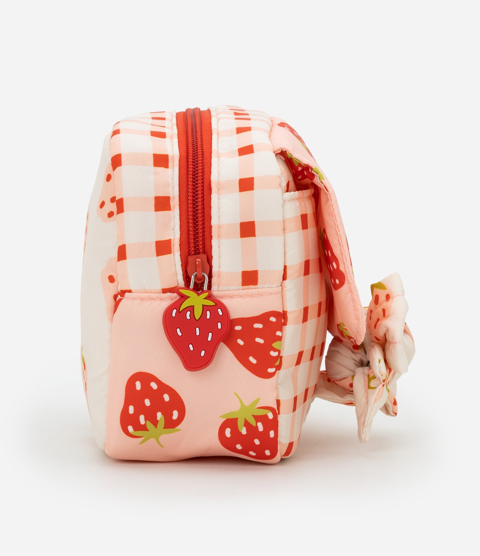 Nécessaire Média Retangular com Estampa Xadrex e Morangos Vermelho 2