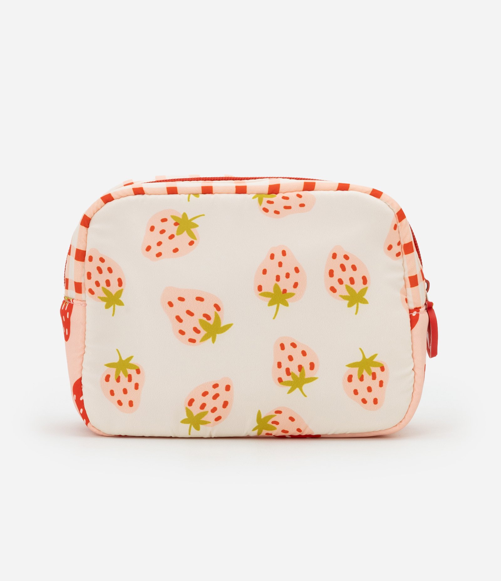 Nécessaire Média Retangular com Estampa Xadrex e Morangos Vermelho 3