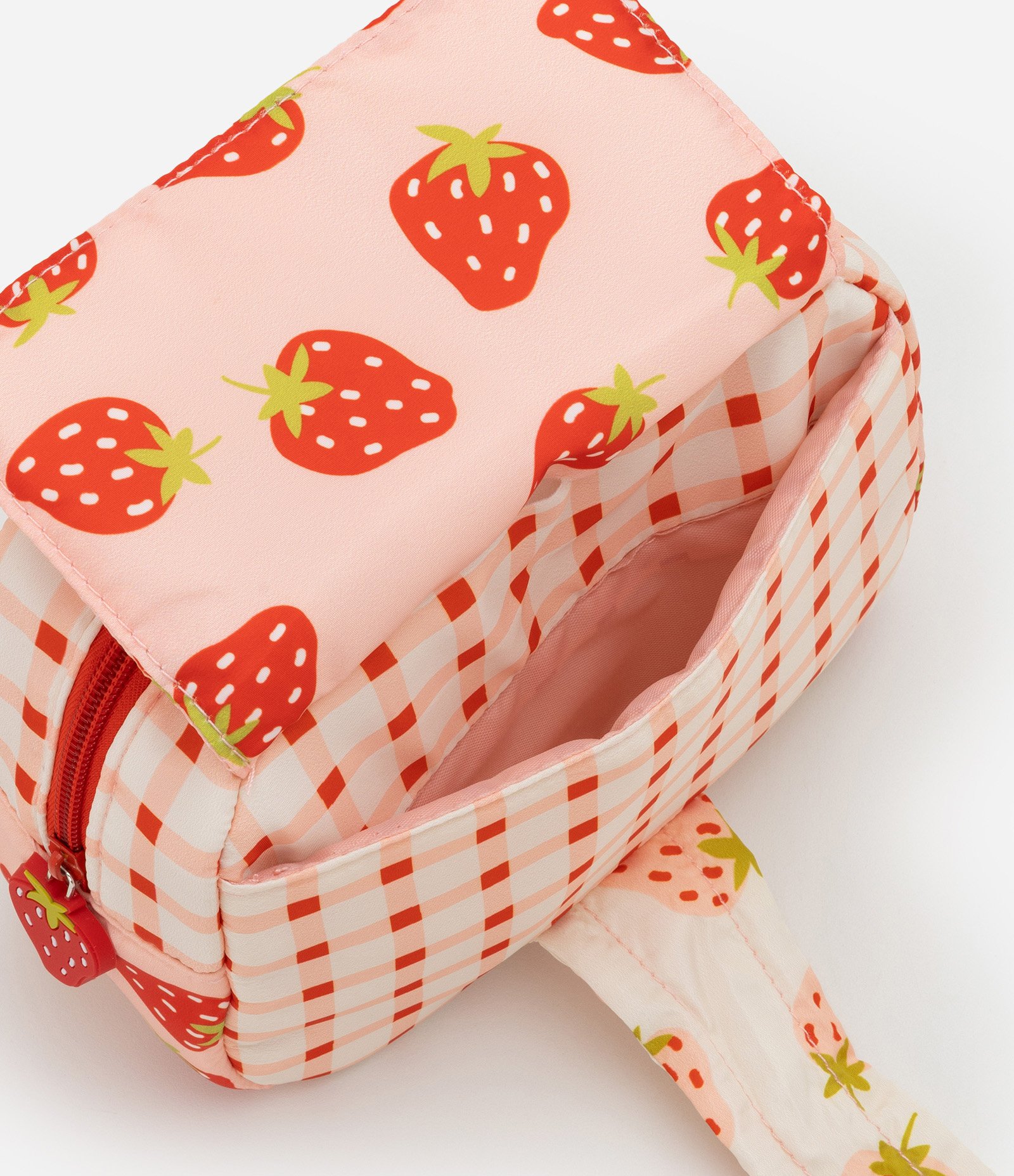 Nécessaire Média Retangular com Estampa Xadrex e Morangos Vermelho 4