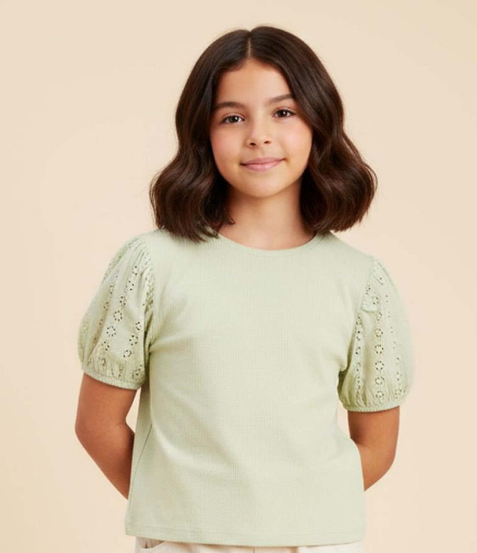 Blusa Infantil em Ribana com Broderie na Manga - Tam 5 a 14 Anos Verde 1
