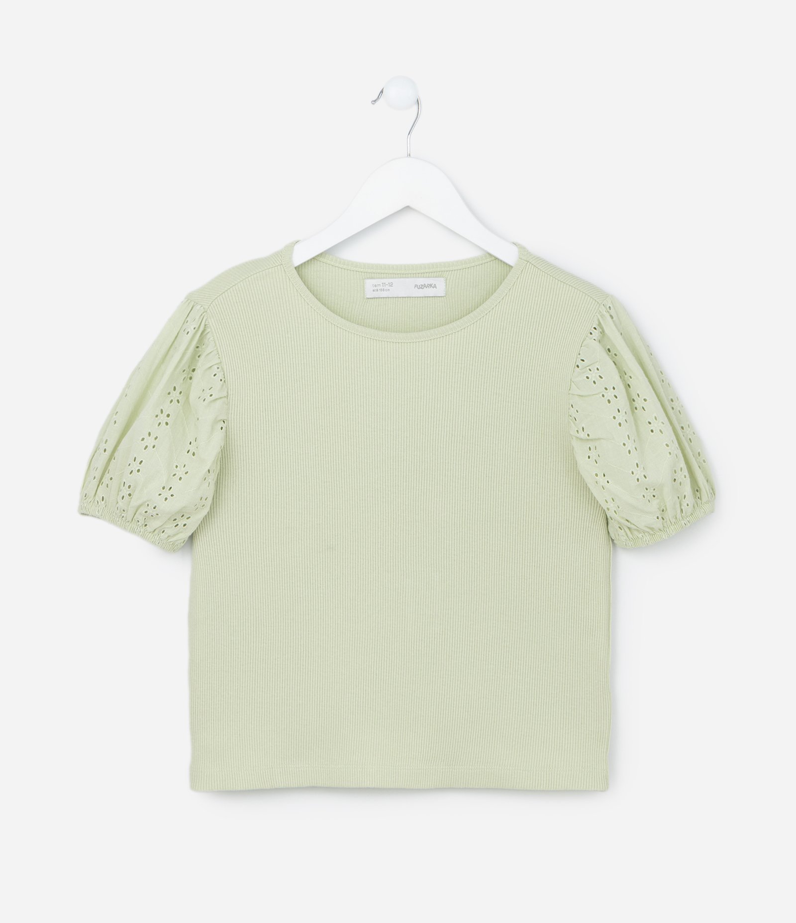Blusa Infantil em Ribana com Broderie na Manga - Tam 5 a 14 Anos Verde 2
