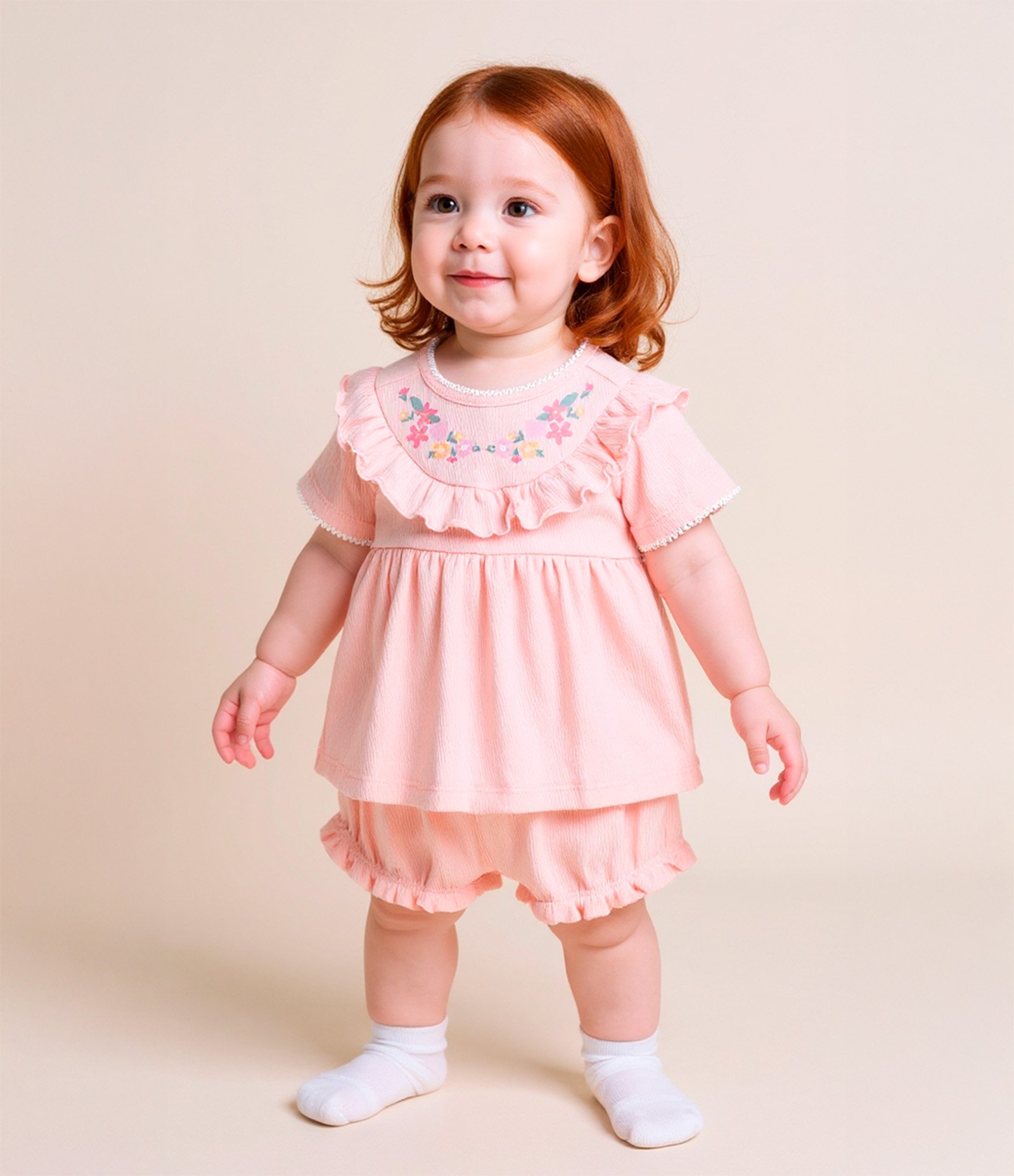 Conjunto Texturizado Infantil com Babadinho e Bordado Floral - Tam 0 a 18 meses Rosa 1
