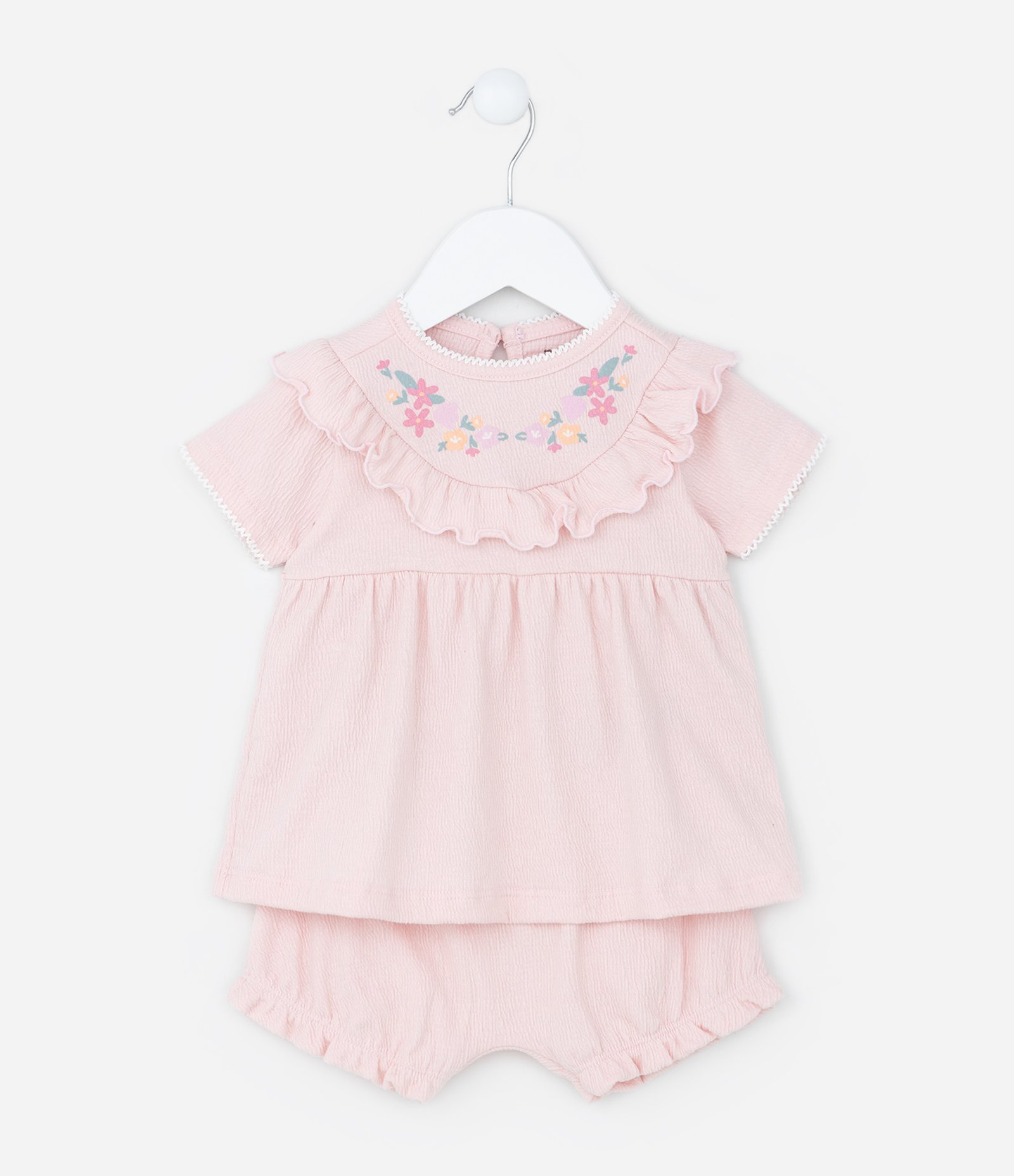 Conjunto Texturizado Infantil com Babadinho e Bordado Floral - Tam 0 a 18 meses Rosa 2