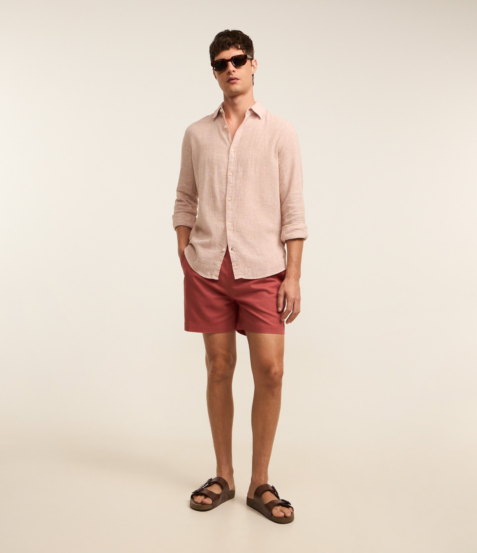 Bermuda em Algodão com Linho e Cós Elástico Marrom Claro 1