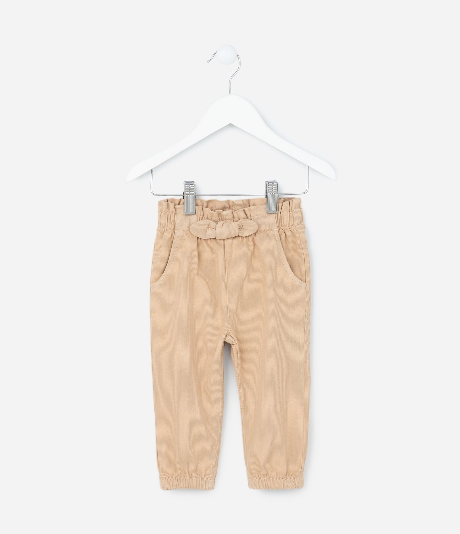 Calça Infantil em Veludo com Lacinho na Cintura - Tam 3 a 18 meses Bege 1
