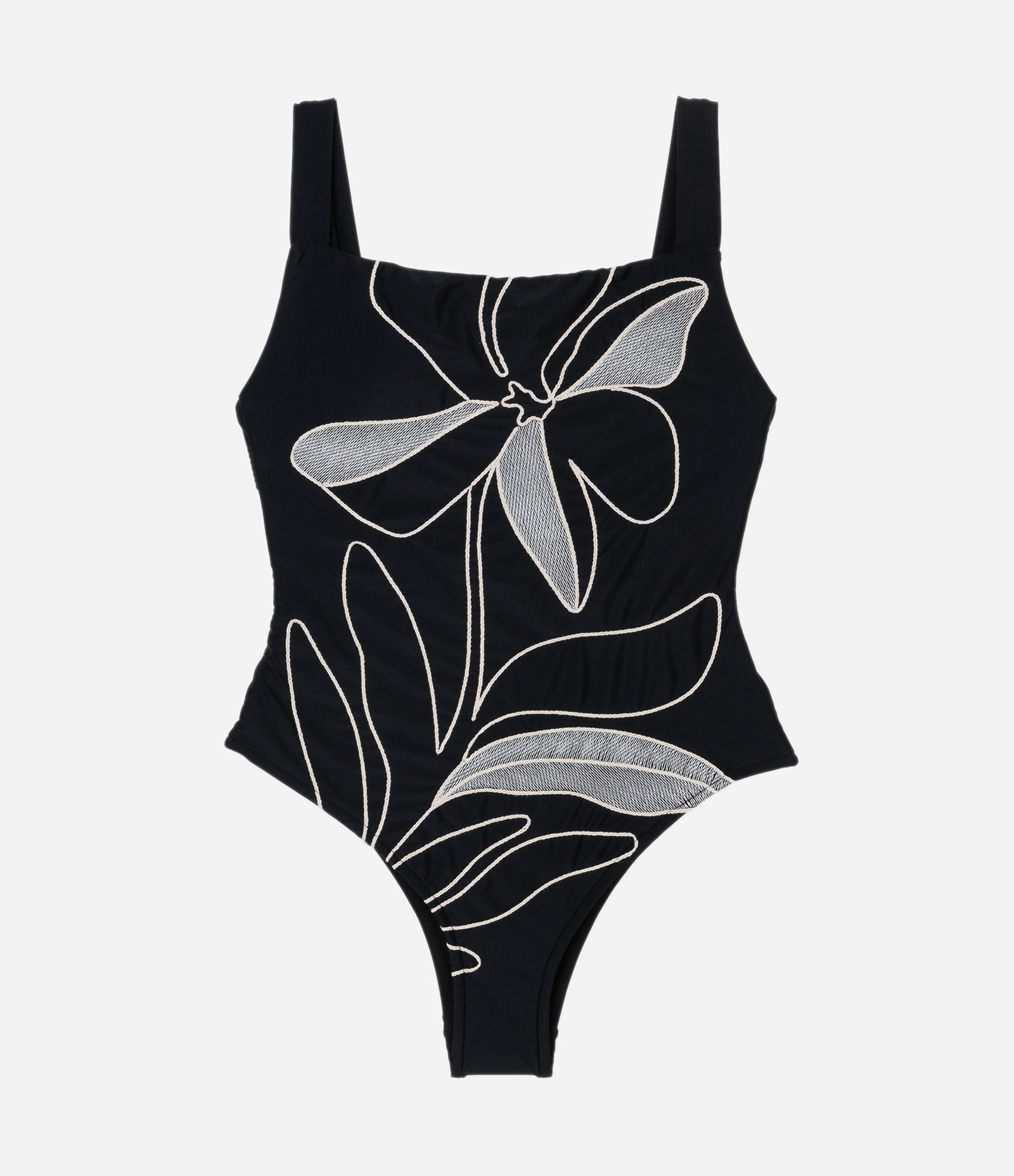 Maiô em Microfibra Leve com Bordado Floral com Alça Larga Preto 4