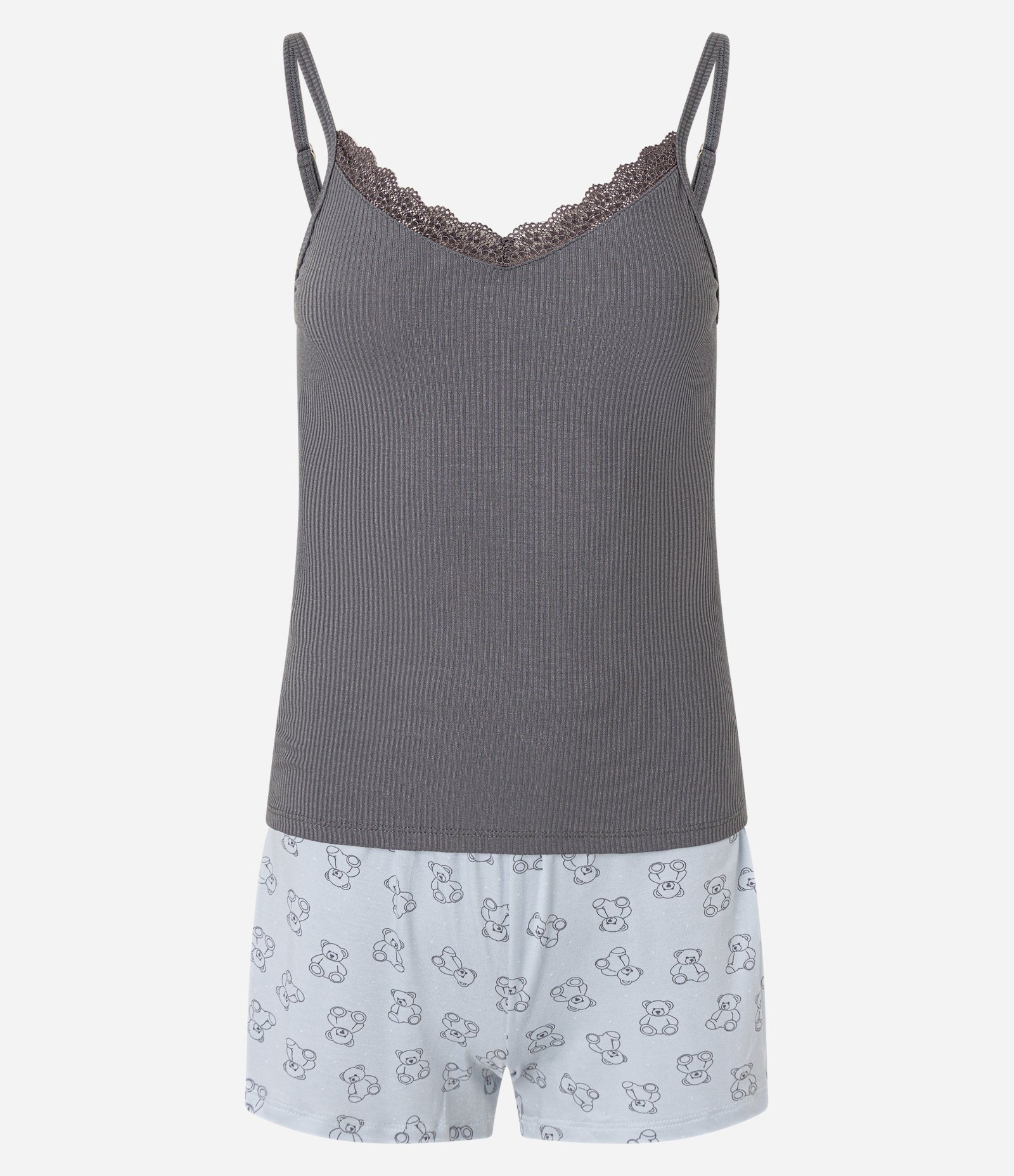 Pijama Short Doll Alcinha em Ribana com Renda e Estampa Ursinhos Cinza/ Azul 5