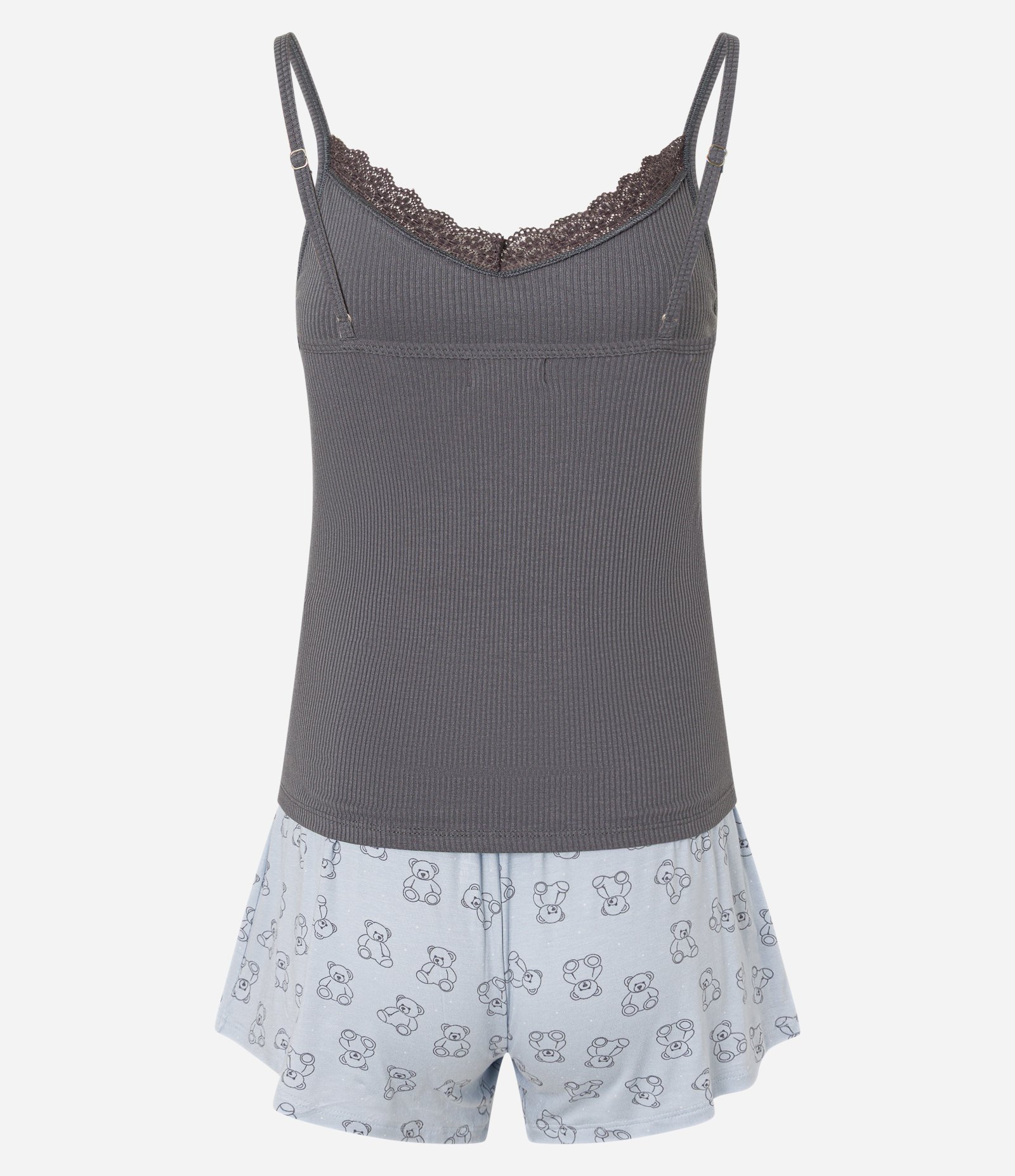 Pijama Short Doll Alcinha em Ribana com Renda e Estampa Ursinhos Cinza/ Azul 7