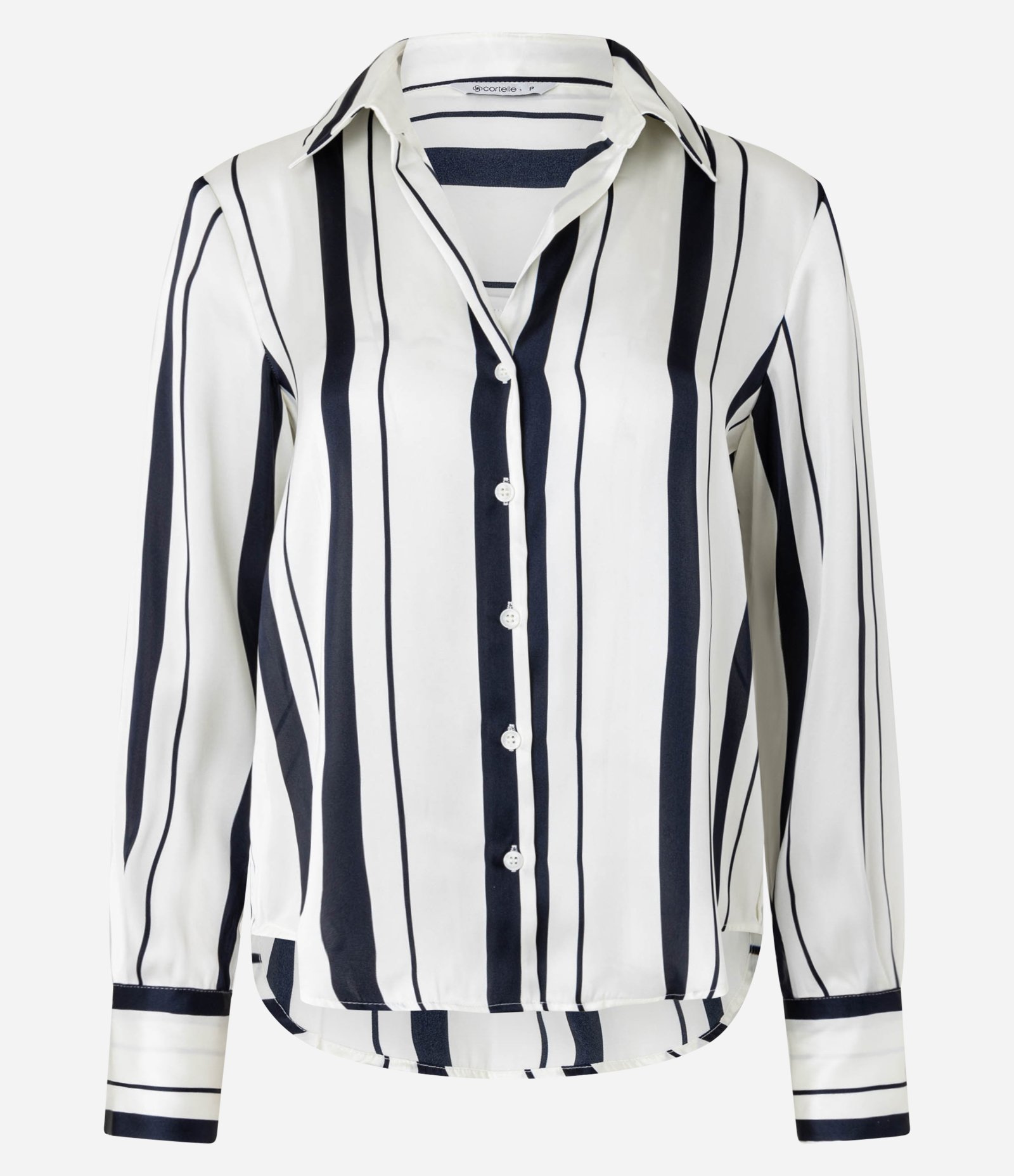 Camisa Acetinada com Listras e Vista com Botões Off White/Azul 7