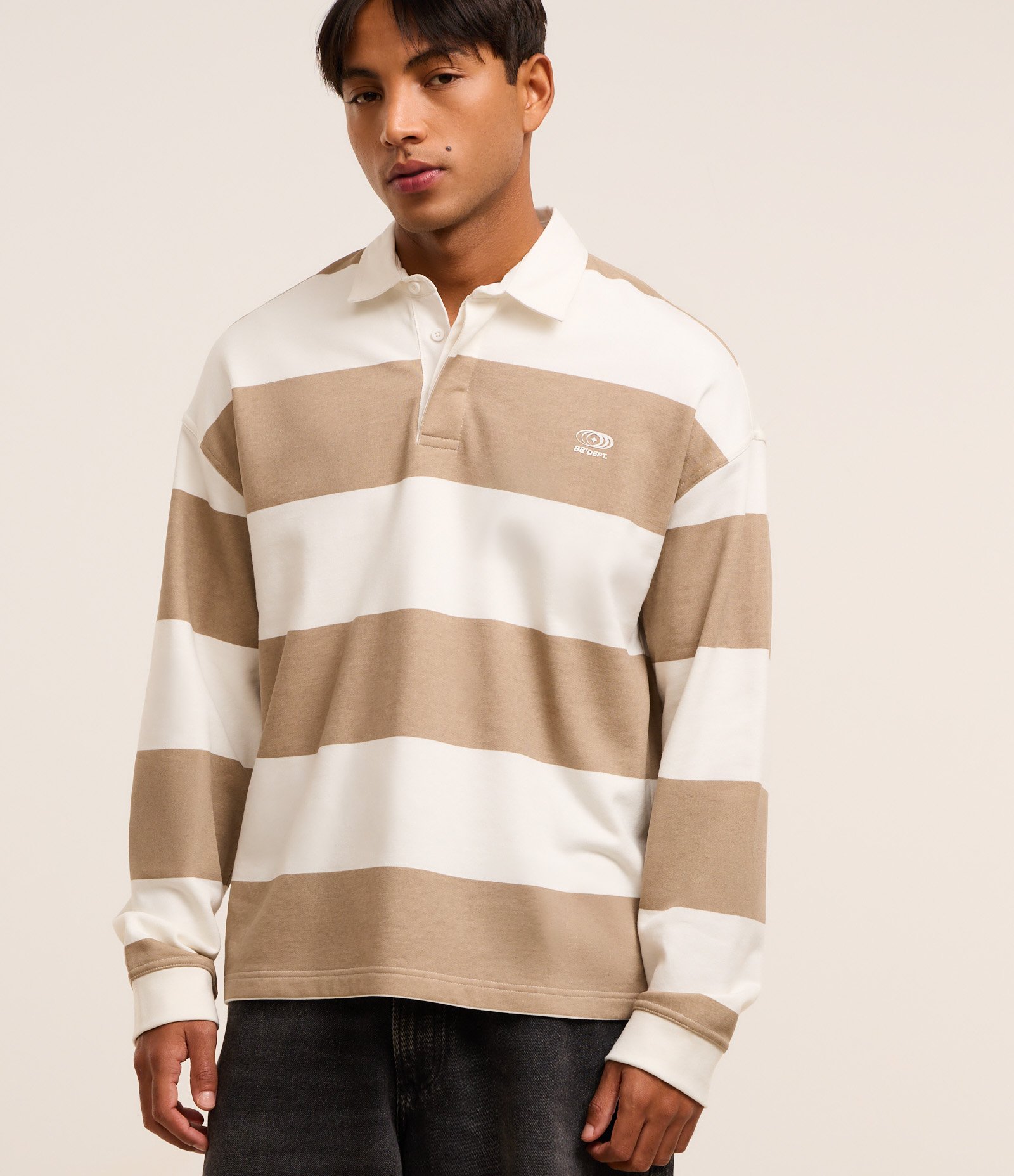 Camisa Polo em Algodão com Estampa de Listras e Lettering Bege 1