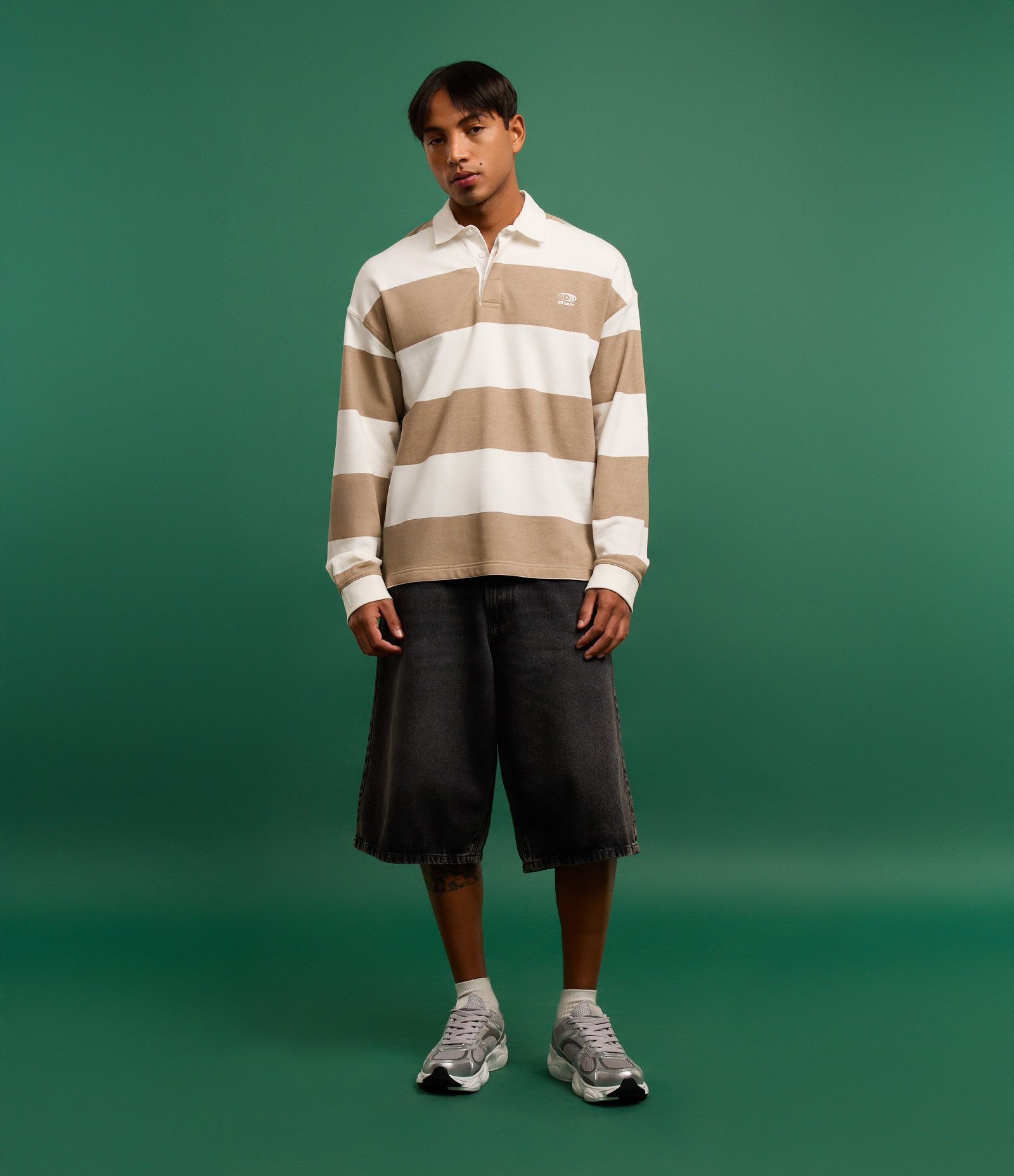 Camisa Polo em Algodão com Estampa de Listras e Lettering Bege 2