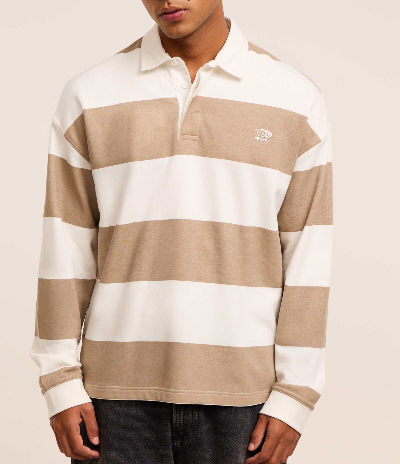 Camisa Polo em Algodão com Estampa de Listras e Lettering Bege 3