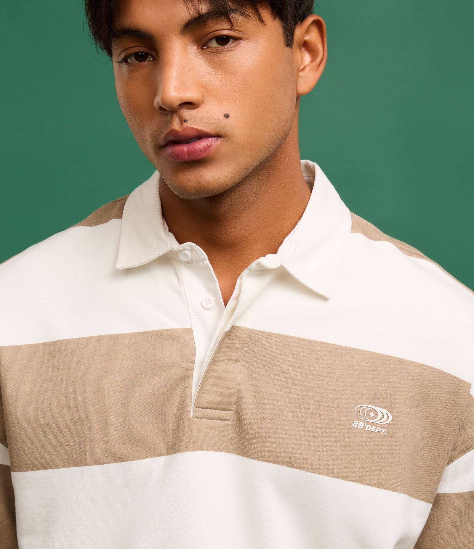 Camisa Polo em Algodão com Estampa de Listras e Lettering Bege 4