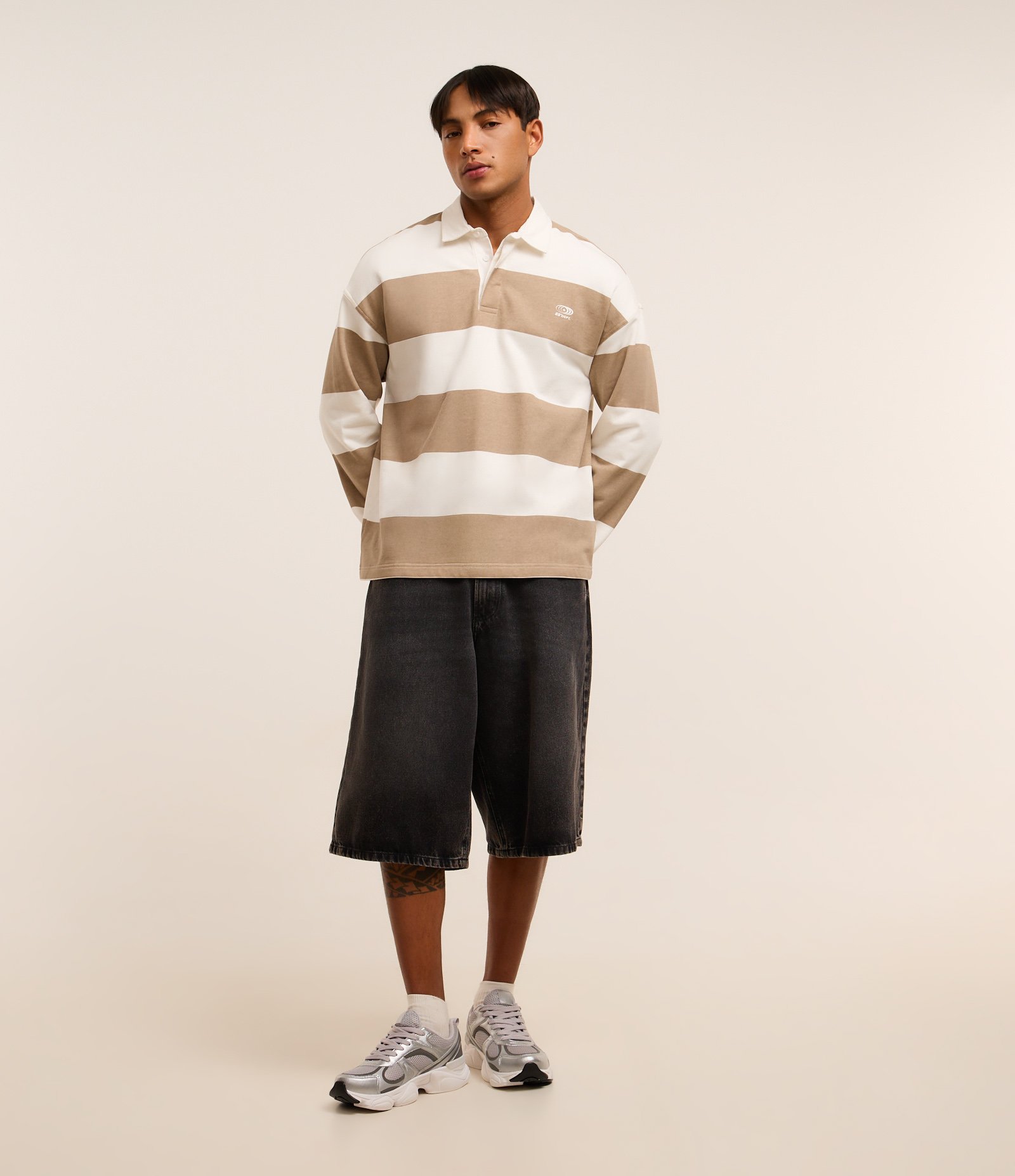 Camisa Polo em Algodão com Estampa de Listras e Lettering Bege 5