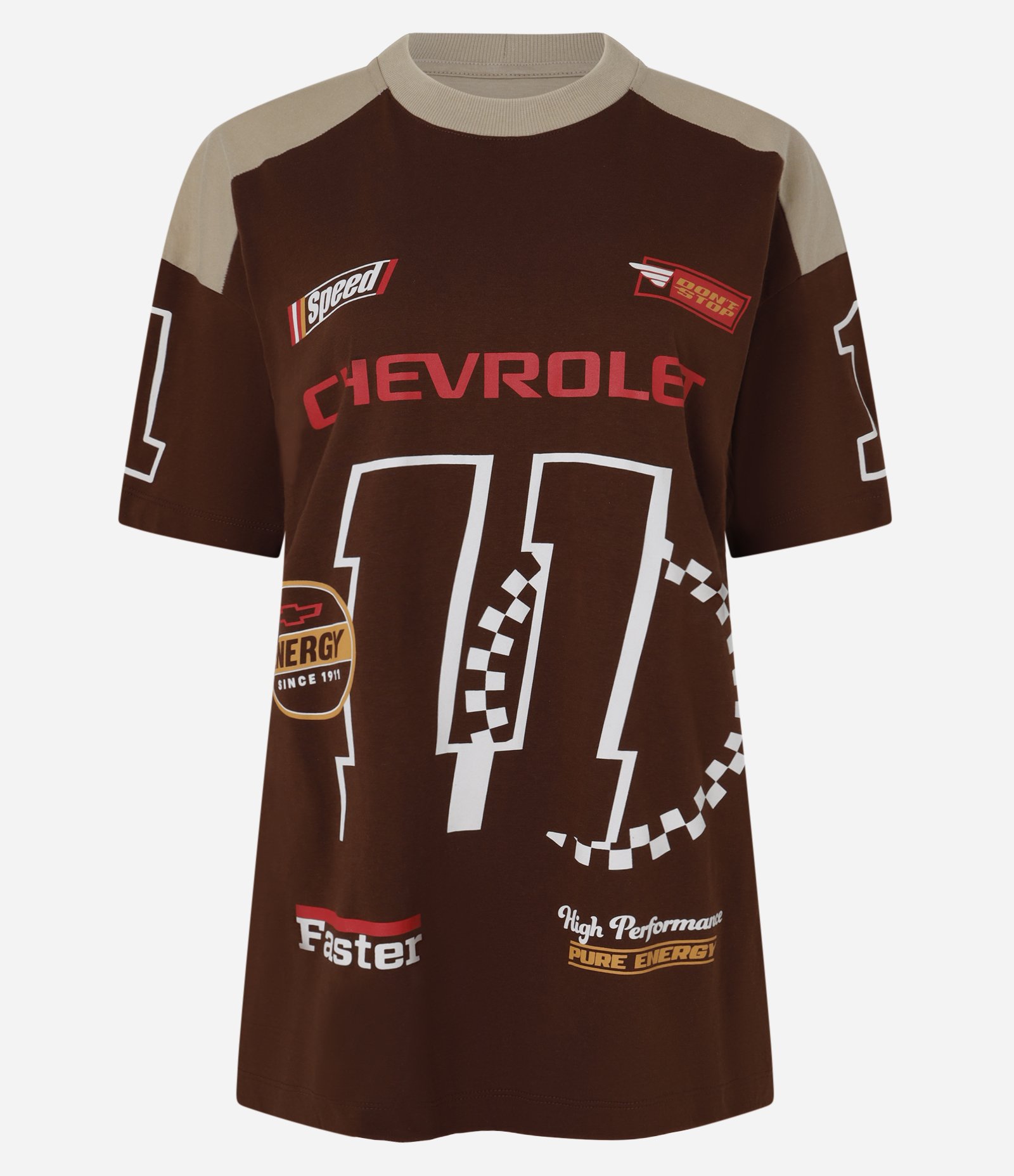 Camiseta Oversized com Recorte Contrastante e Estampa Chevrolet Marrom 5