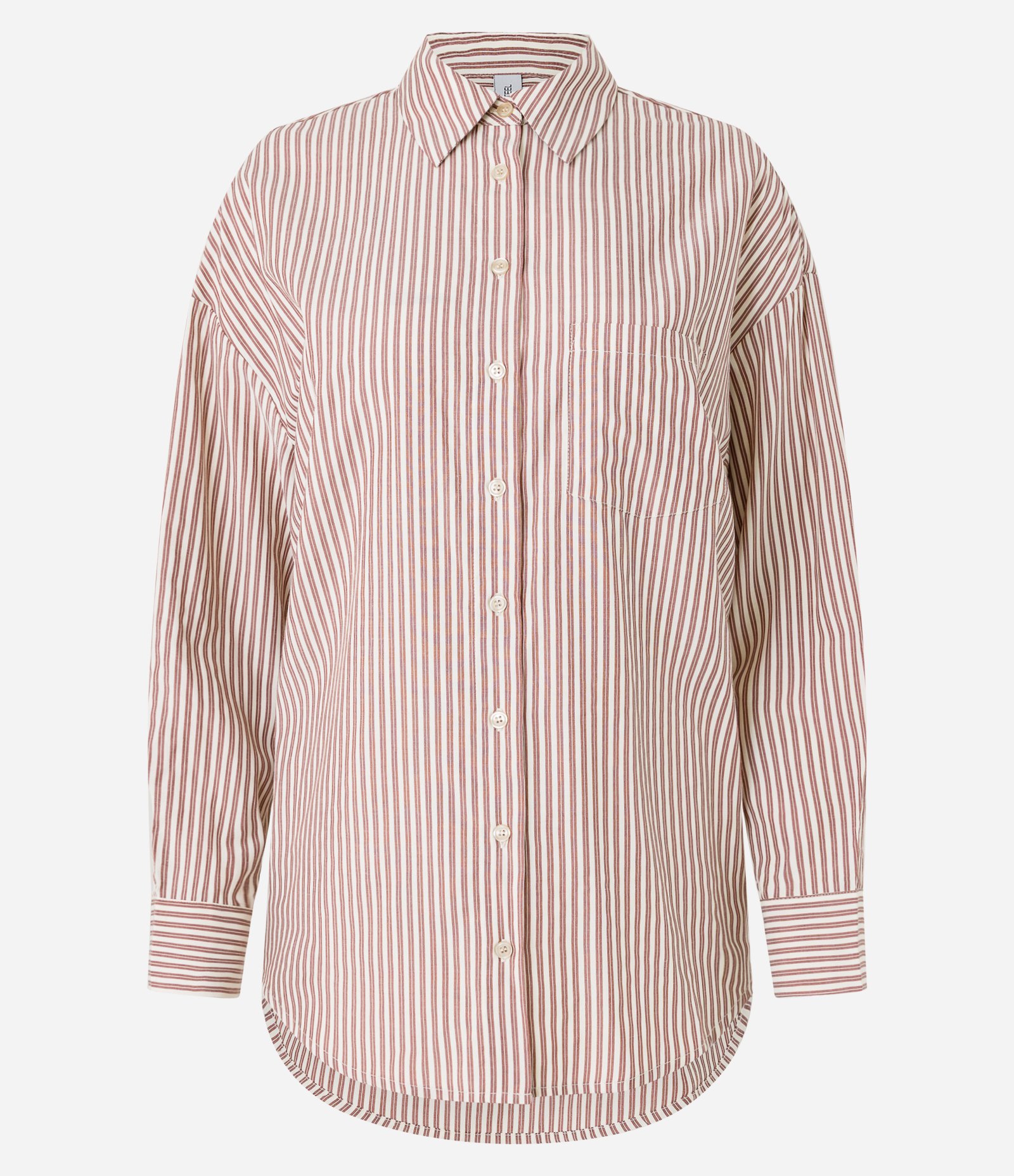 Camisa Alongada em Tricoline Listrada e Punho Largo Marrom Claro 5