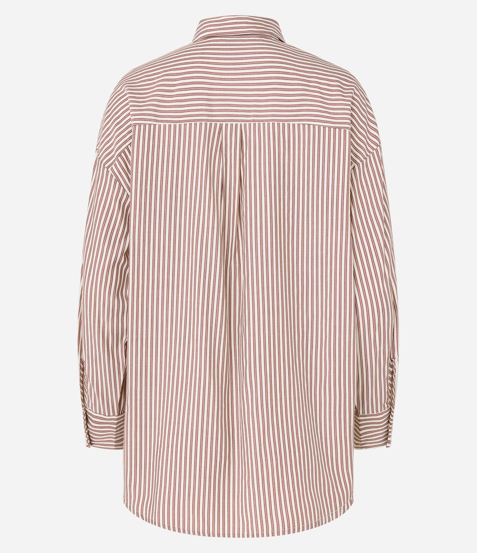 Camisa Alongada em Tricoline Listrada e Punho Largo Marrom Claro 6