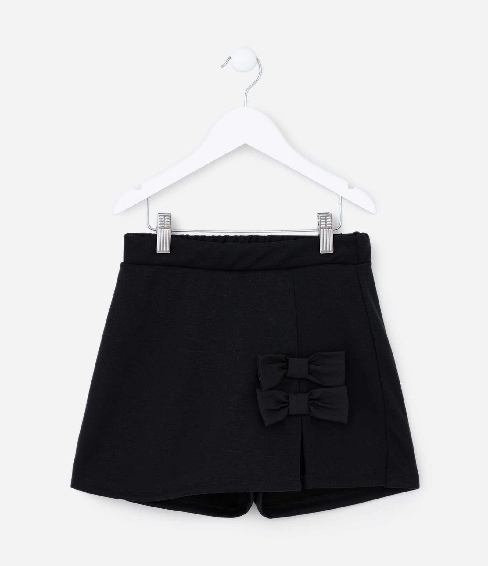 Short Saia Infantil em Ponto Roma com Lacinhos Aplicados - Tam 5 a 14 Anos Preto 1