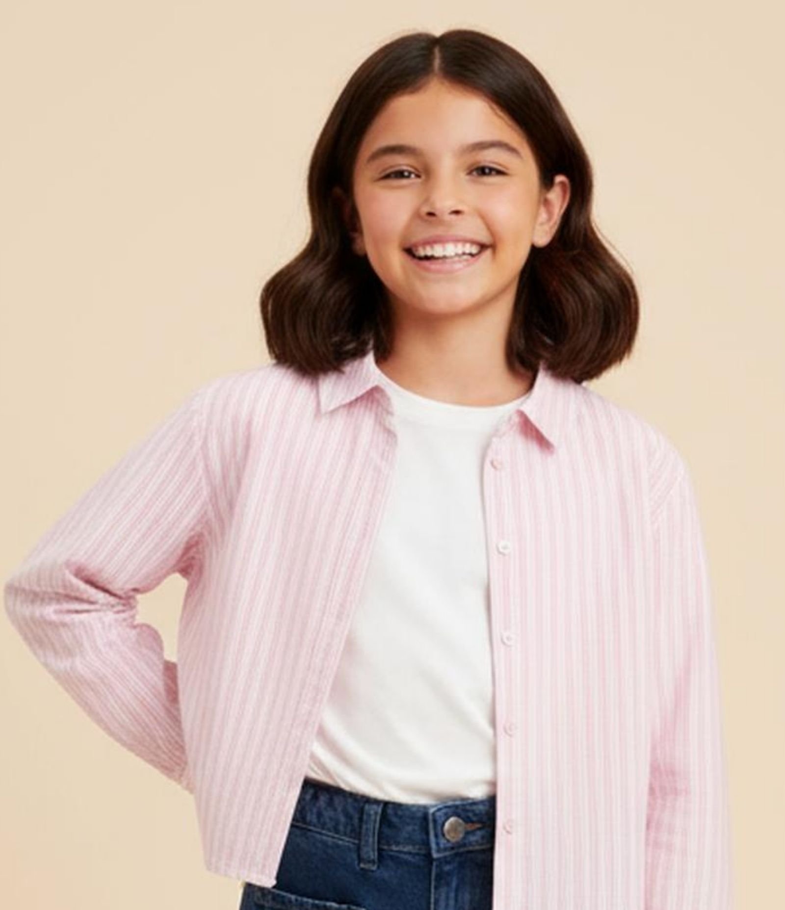 Camisa Curta Infantil em Tricoline com Listras a Fio Tinto - Tam 5 a 14 Anos Rosa 1