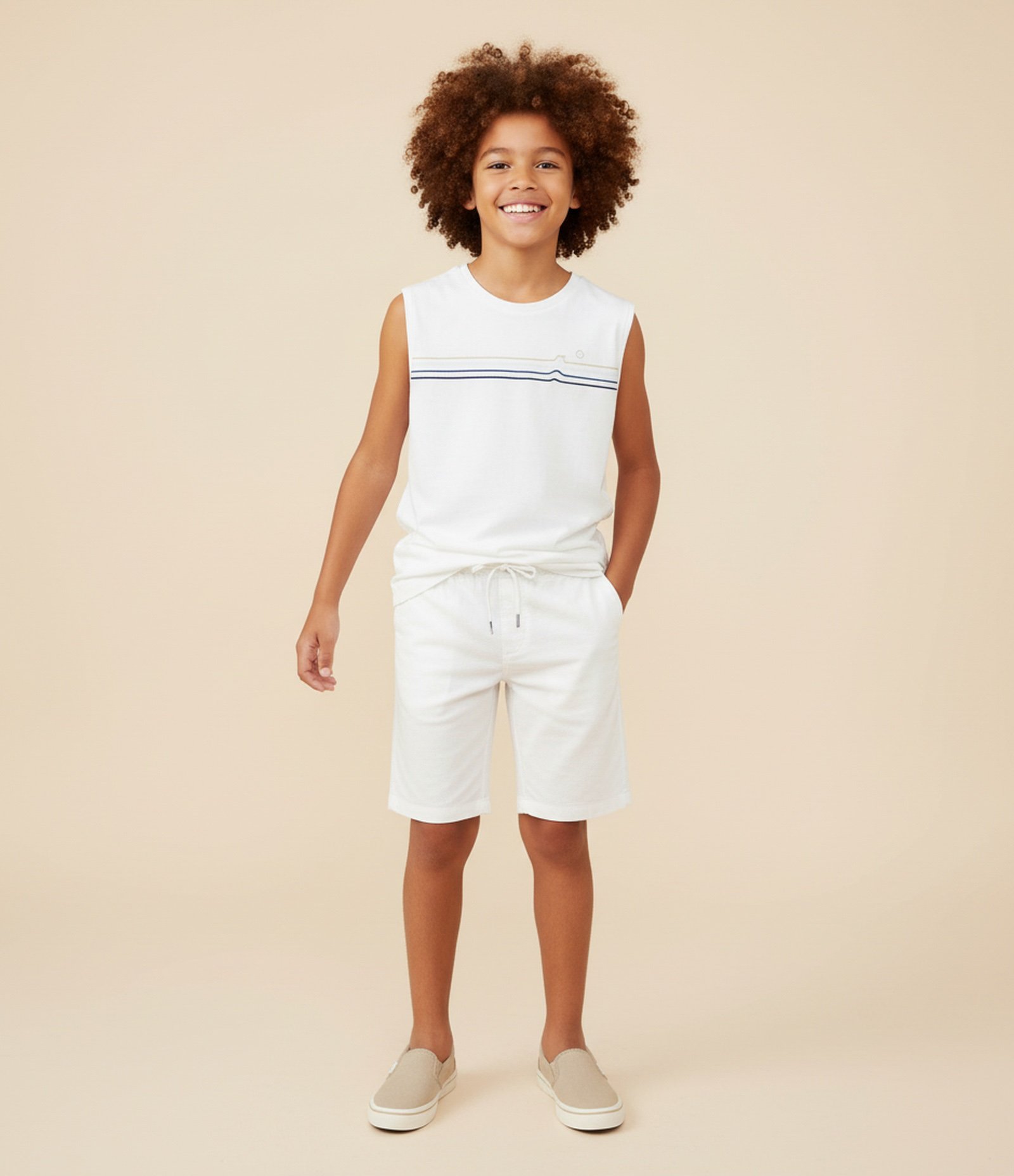 Bermuda Infantil em Algodão e Linho com Cós Elástico - Tam 5 a 14 anos Branco 1