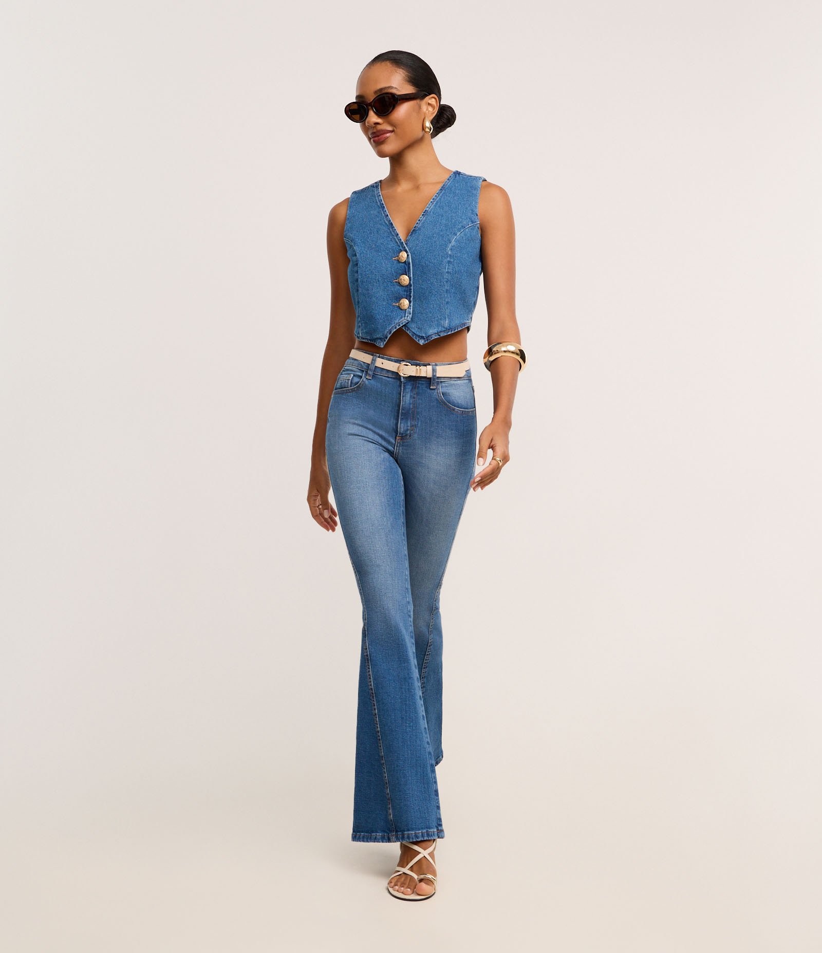 Colete em Jeans com Botões e Barra em V Azul Médio 3