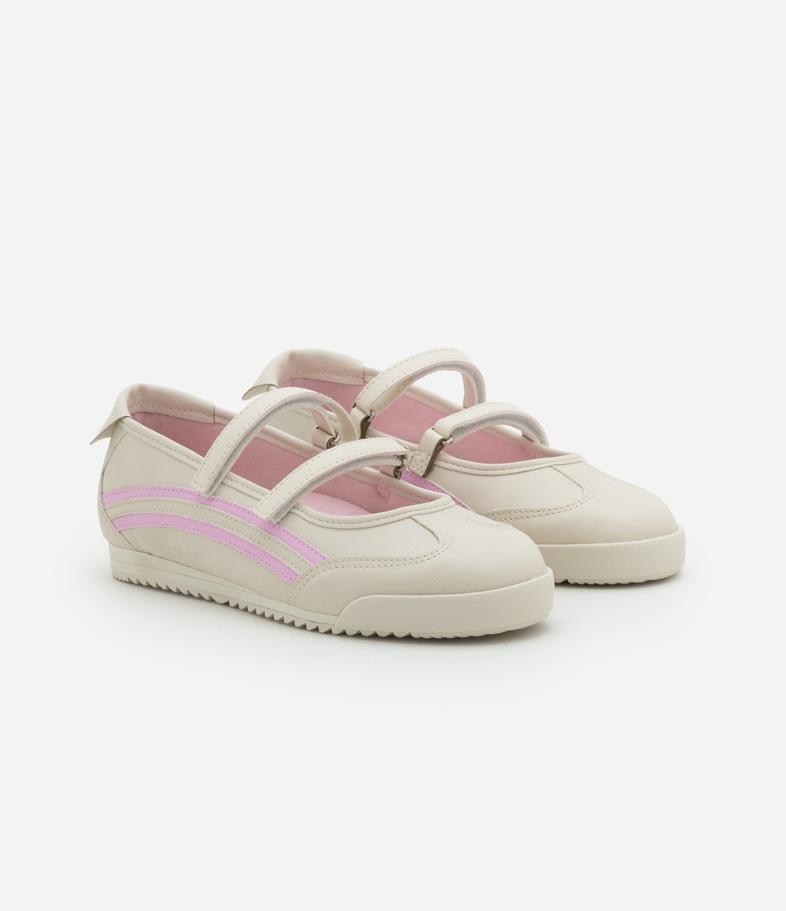 Tênis Sapatilha Chuteira em PU com Detalhe Lateral e Tiras em Velcro Off White/Rosa 2