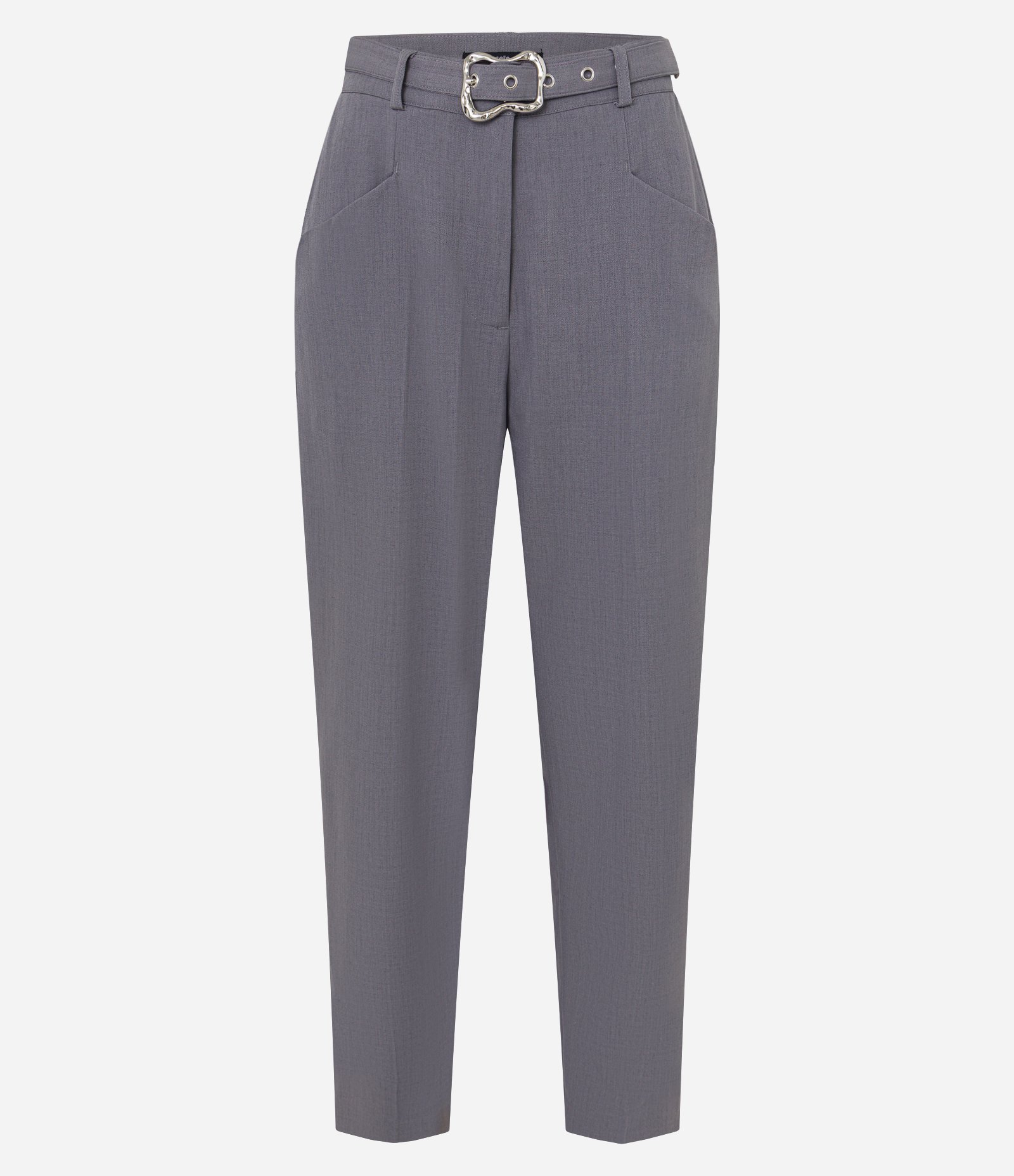 Calça Cenoura Alfaiatada Cintura Alta com Cinto e Fivela Metalizada Cinza 5