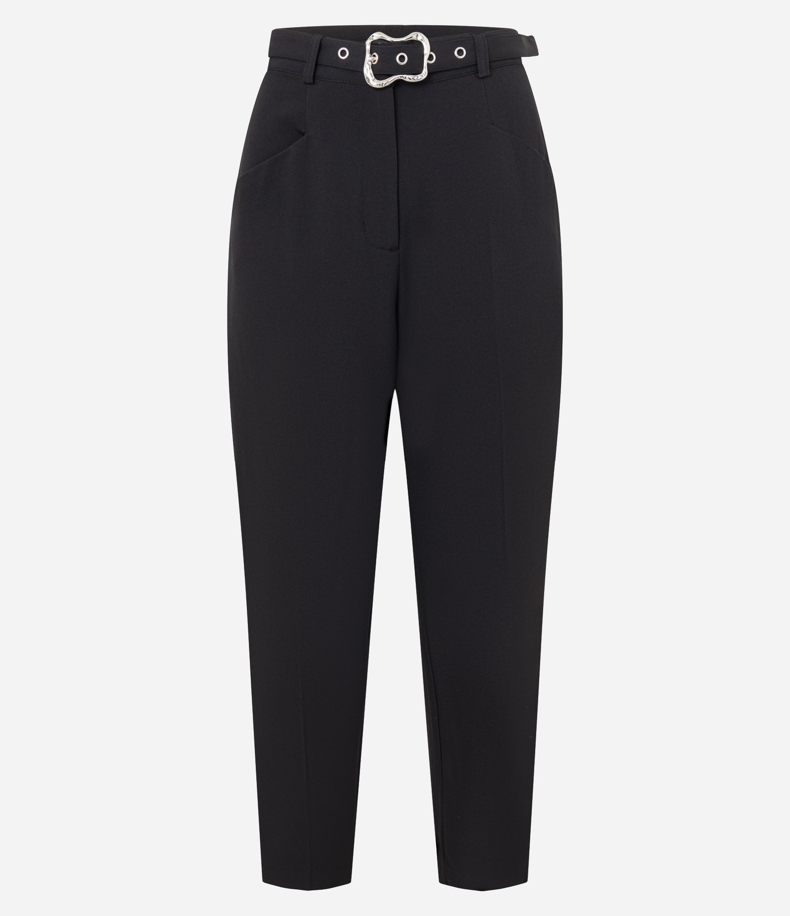 Calça Cenoura Alfaiatada Cintura Alta com Cinto e Fivela Metalizada Preto 5