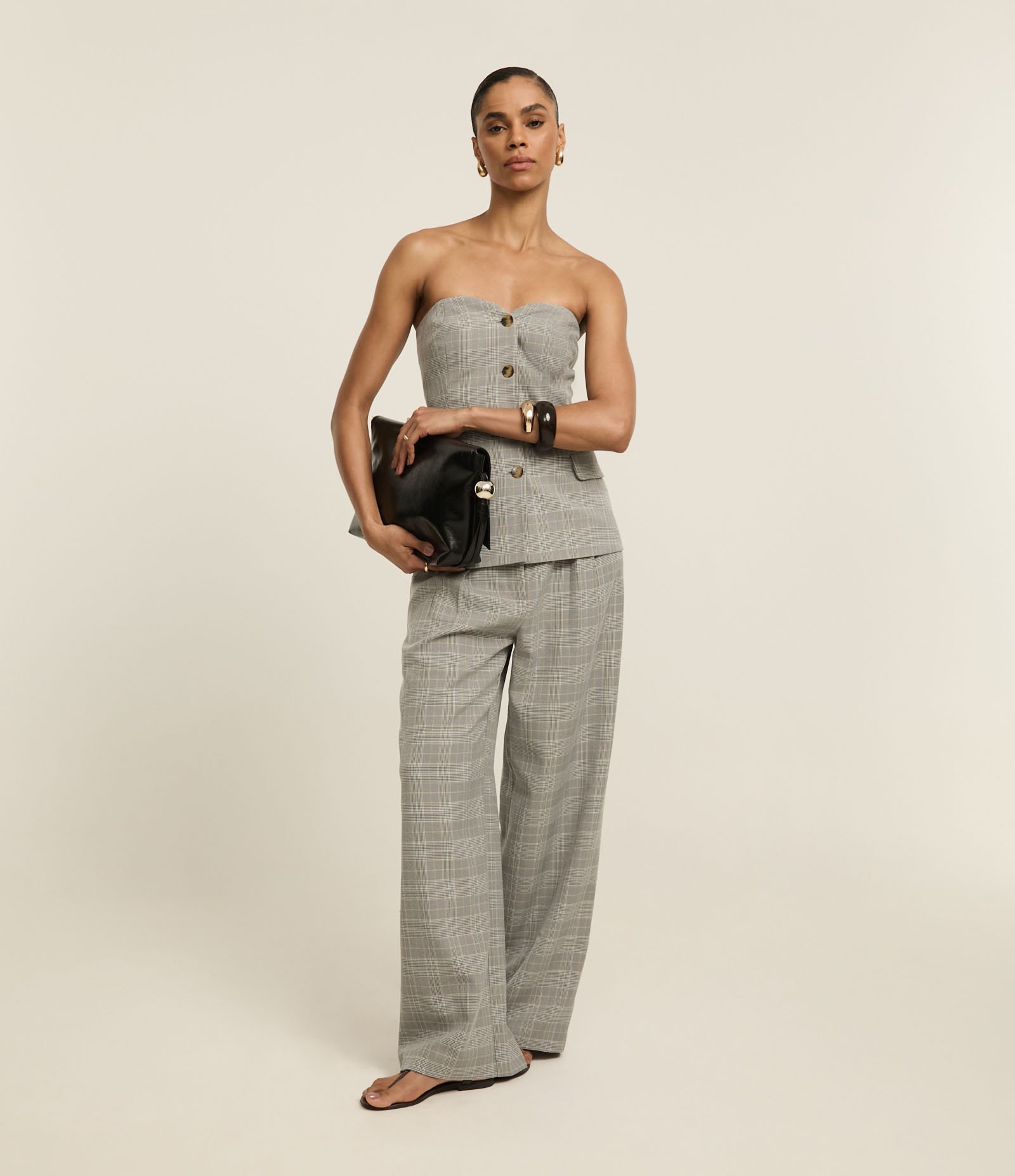 Calça Reta Alfaiatada com Estampa Xadrez Príncipe de Gales Cinza 1