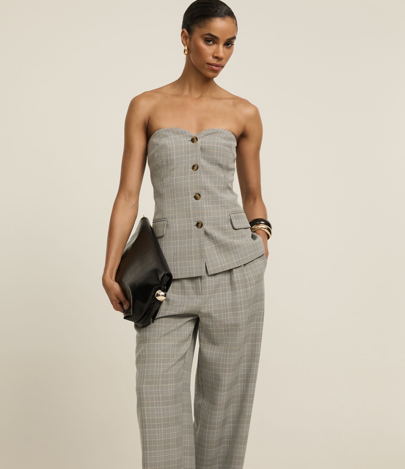 Calça Reta Alfaiatada com Estampa Xadrez Príncipe de Gales Cinza 2