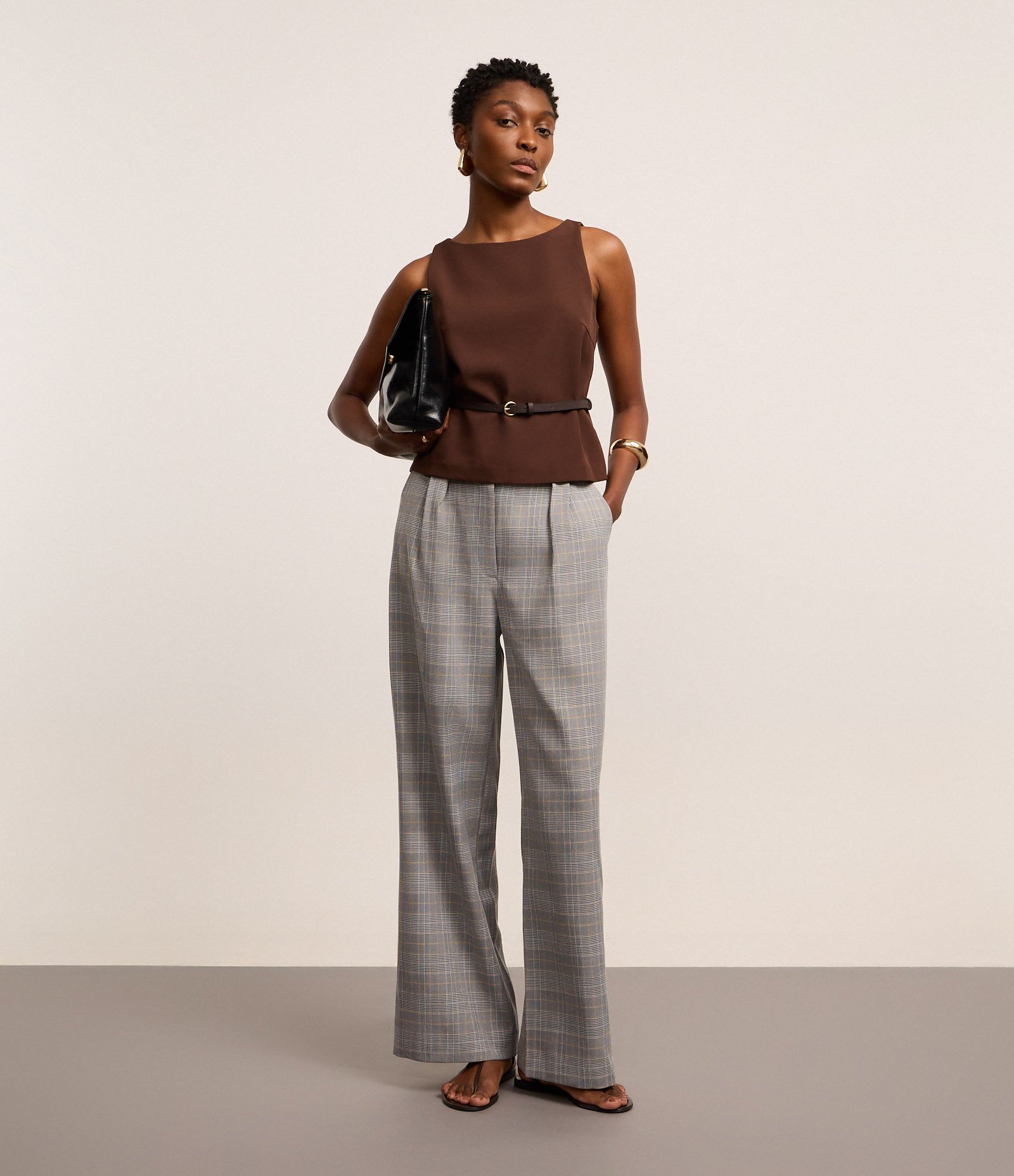 Calça Reta Alfaiatada com Estampa Xadrez Príncipe de Gales Cinza 3