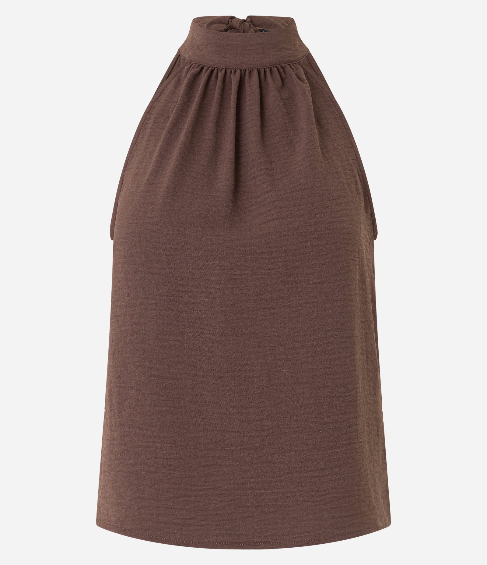 Blusa Frente Única em Crepe com Amarração na Gola Alta Marrom 5