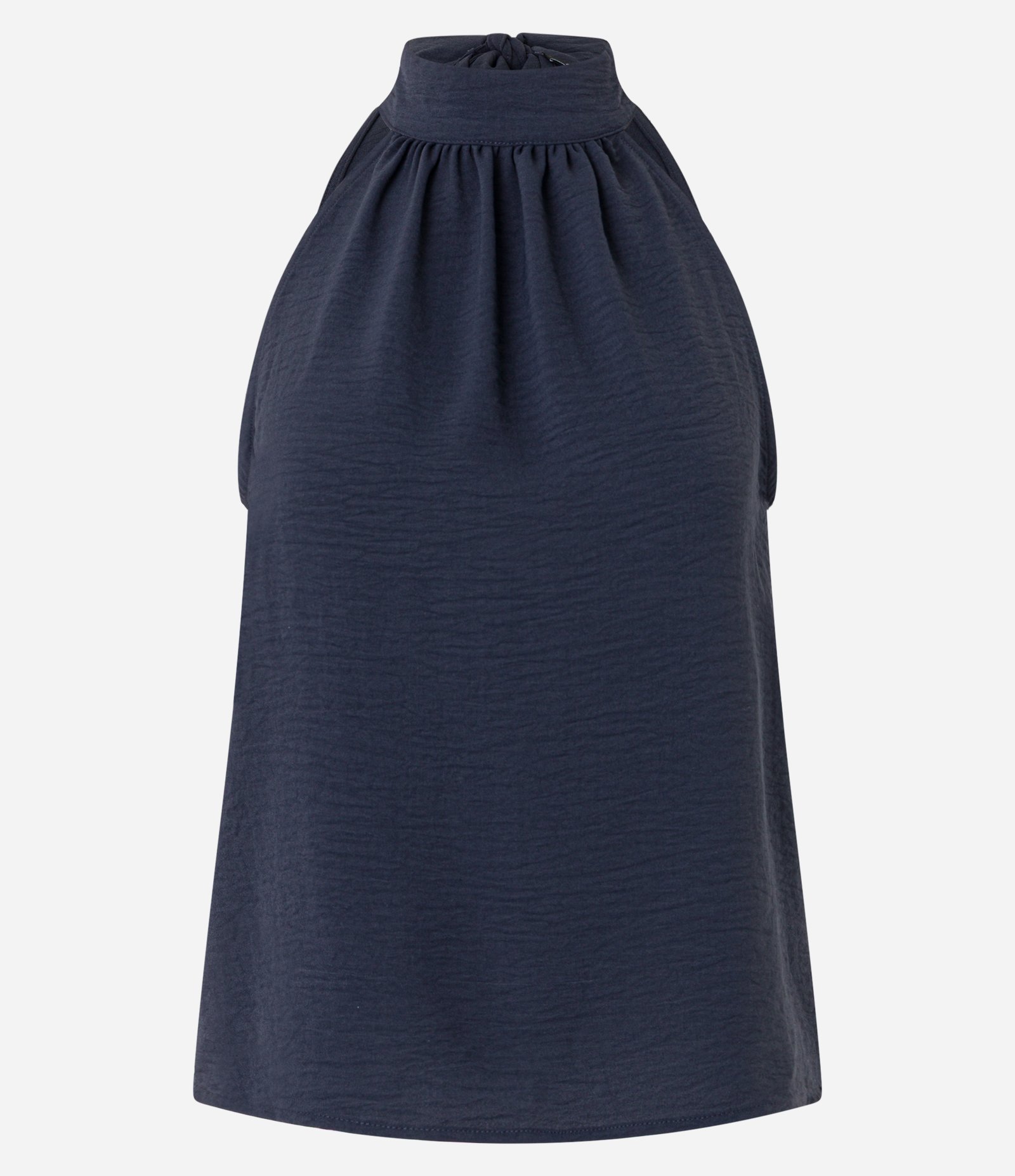 Blusa Frente Única em Crepe com Amarração na Gola Alta Azul Marinho 6
