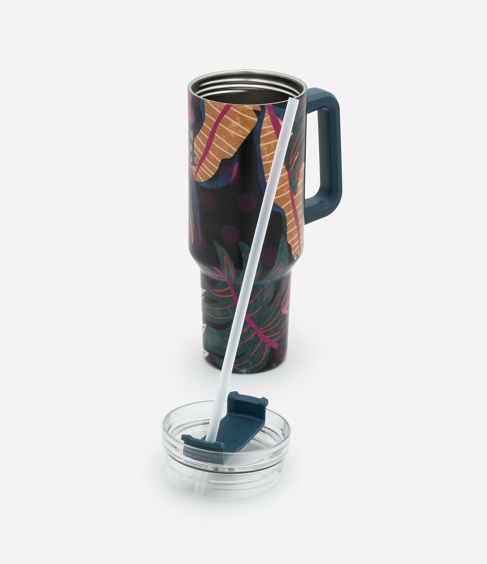 Copo com Canudo Reutilizável Estampa Folhagem 1,2L Azul Marinho 4