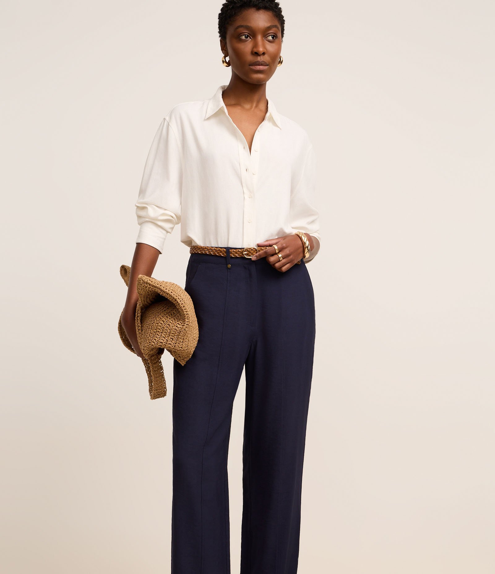 Calça Boho Reta Cintura Alta em Viscose com Frisos Azul Marinho 2