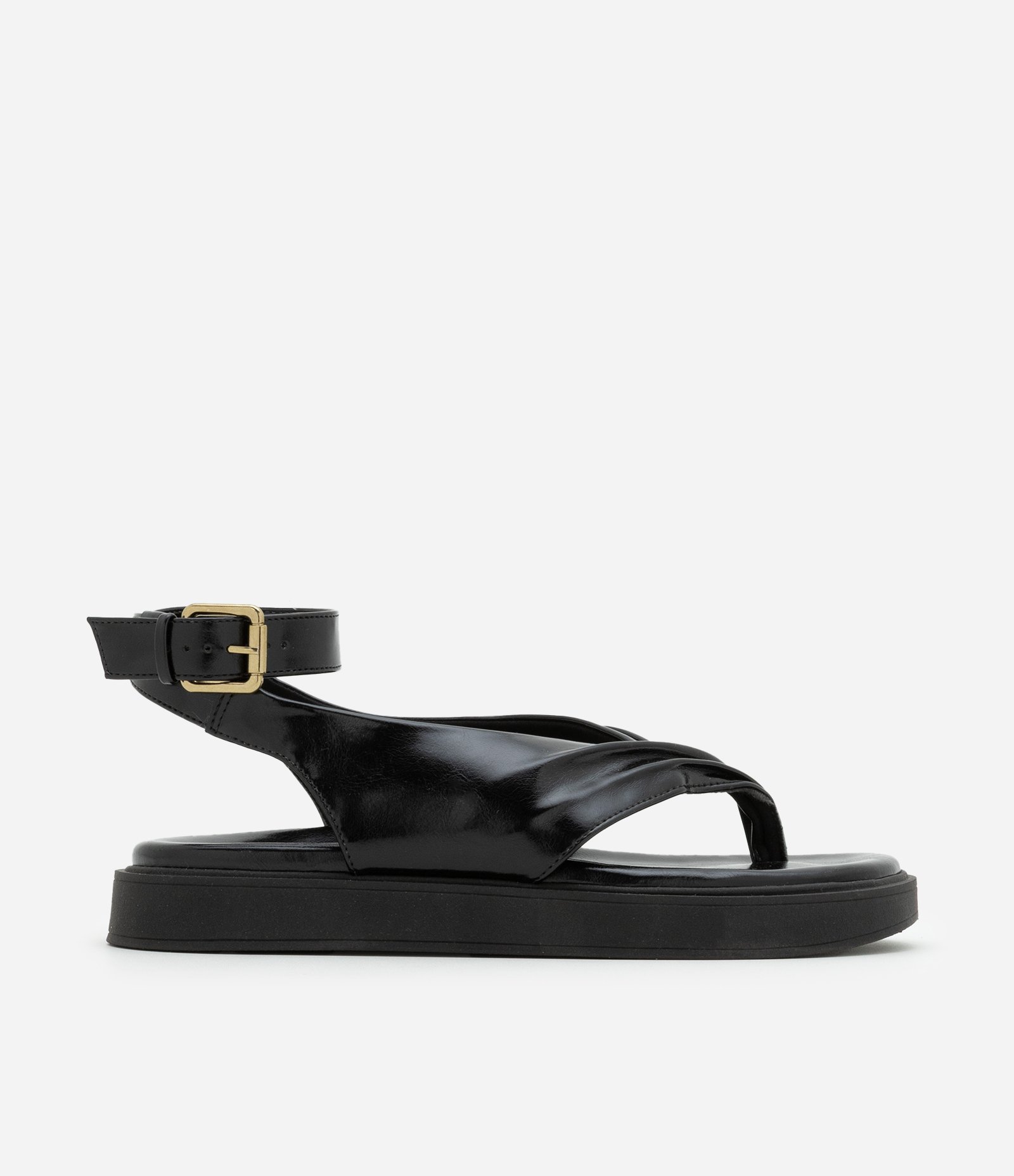 Sandália Rasteira com Detalhes Enrugados no Cabedal Preto 1