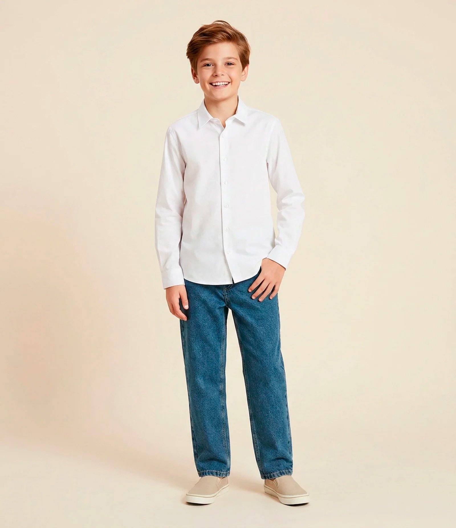 Camisa Infantil com Fibra de Bambu e Fechamento por Botões - Tam 5 a 14 Anos Branco 1