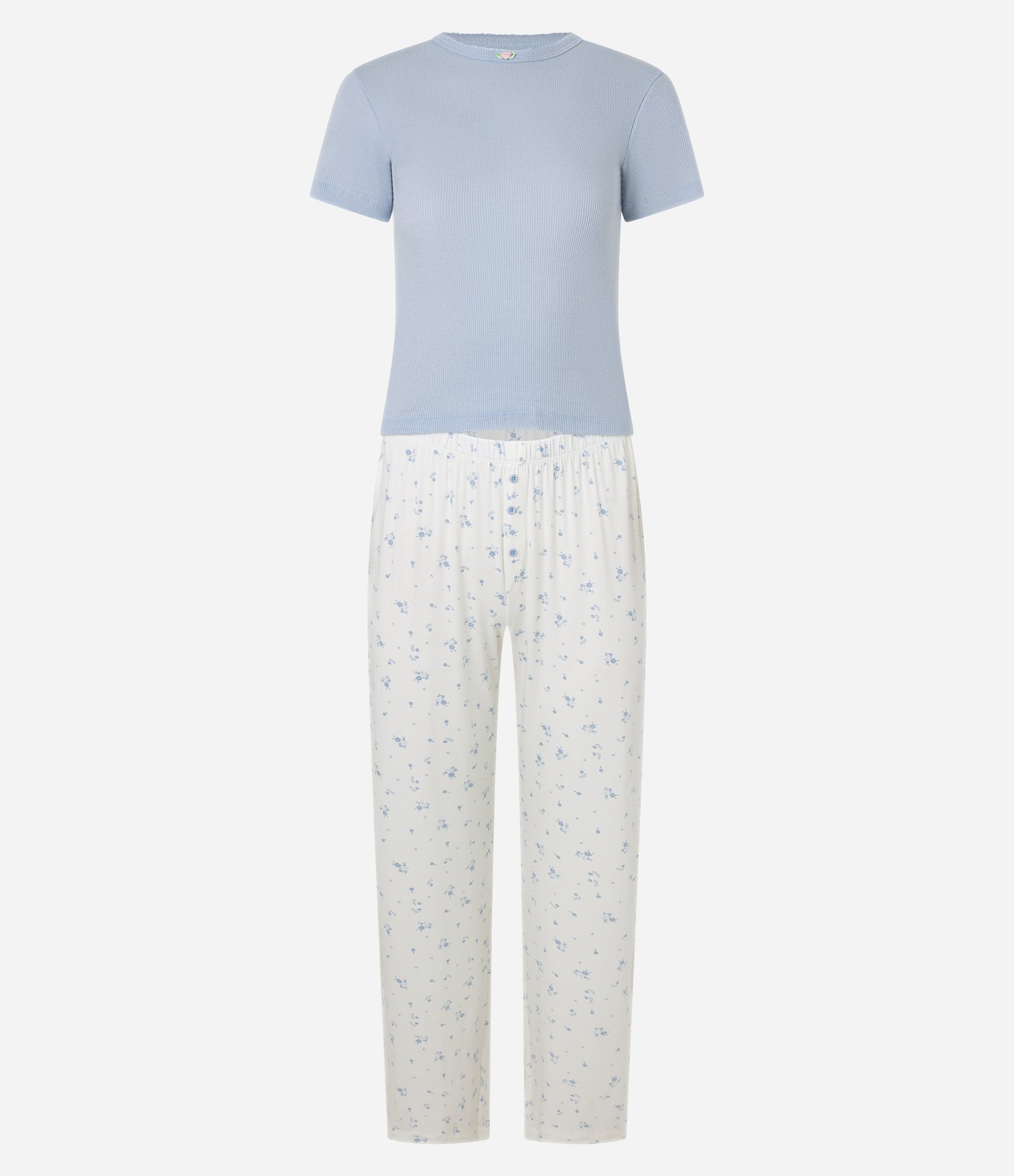 Pijama Longo em Ribana com Estampa Floral e Detalhe de Flor na Gola Branco/Azul 4
