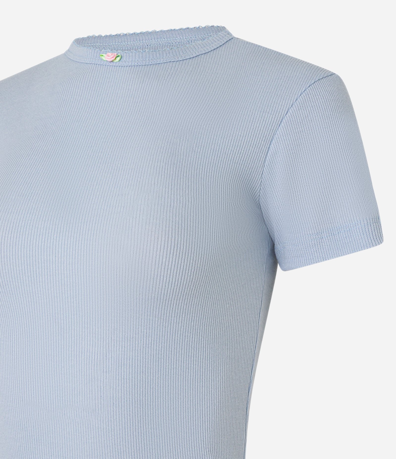 Pijama Longo em Ribana com Estampa Floral e Detalhe de Flor na Gola Branco/Azul 5