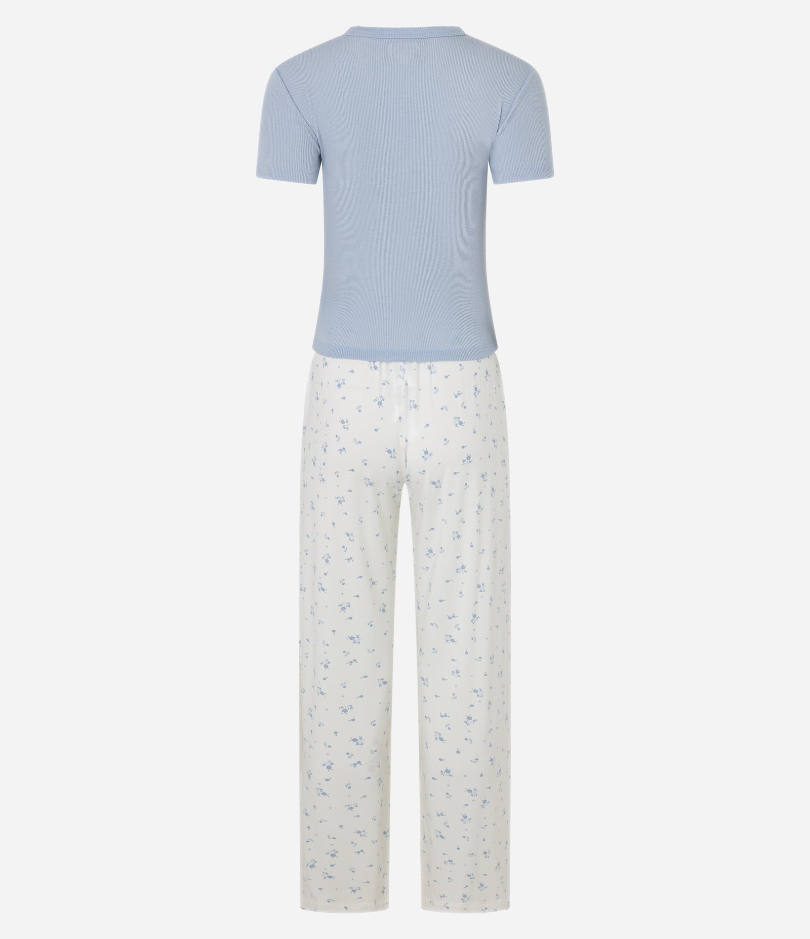Pijama Longo em Ribana com Estampa Floral e Detalhe de Flor na Gola Branco/Azul 6