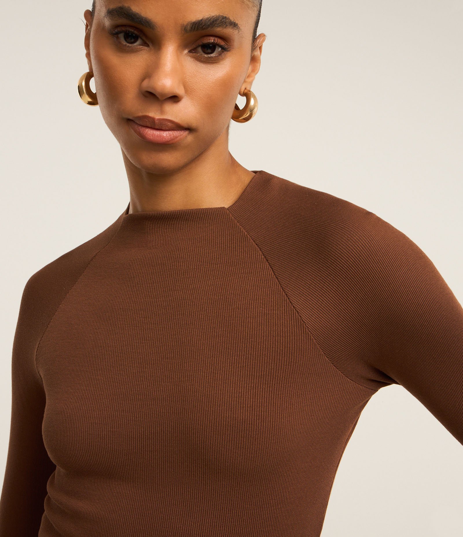 Blusa Básica em Viscose com Gola Alta e Cava Raglan Marrom 4