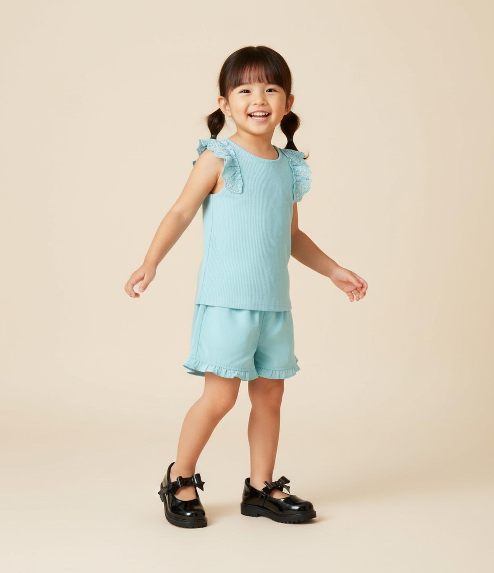 Regata Infantil em Ribana com Babado em Broderie - Tam 1 a 5 Anos Azul 1