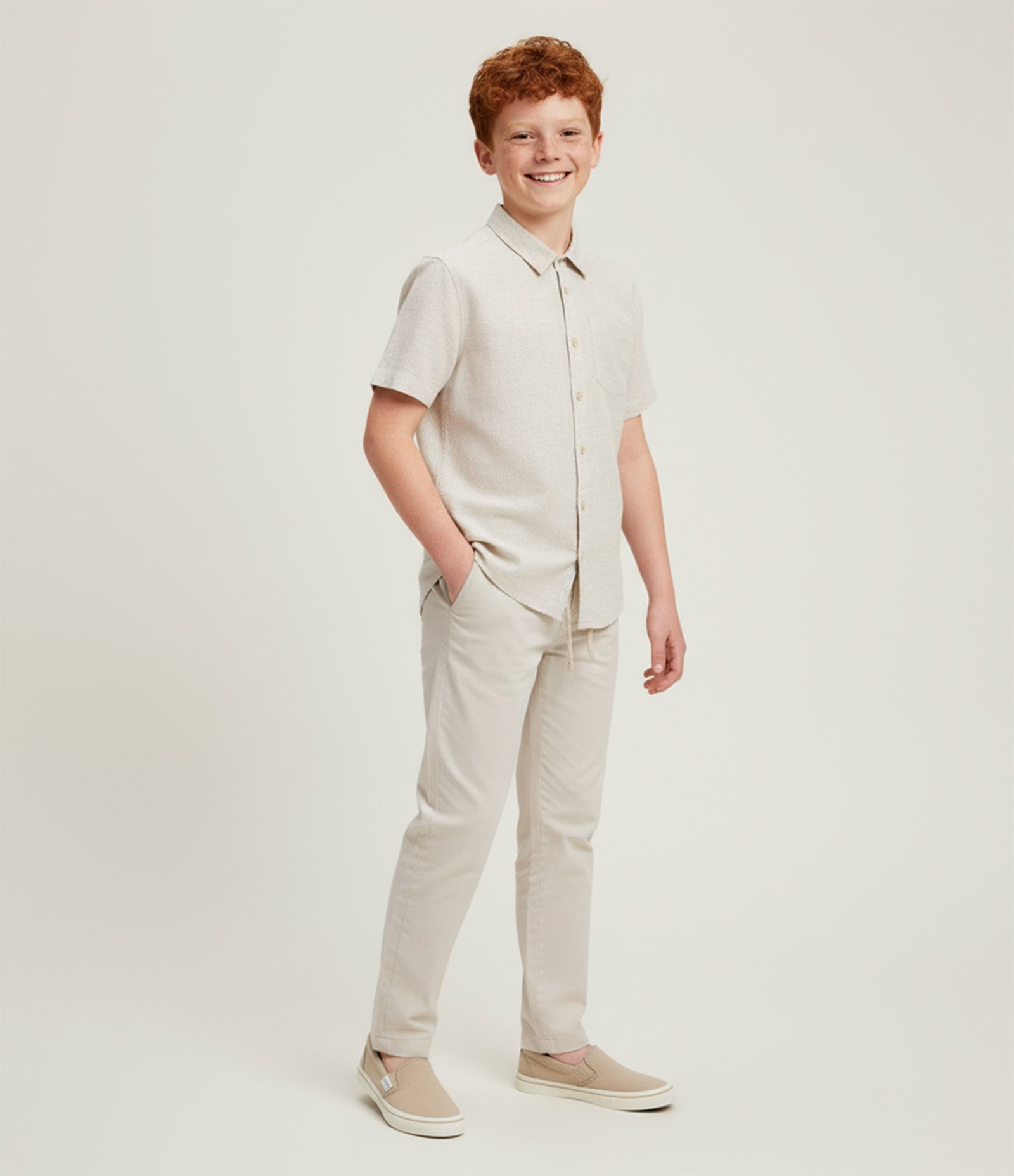 Camisa Infantil em Viscolinho com Bolso - Tam 5 a 14 Anos Bege 1