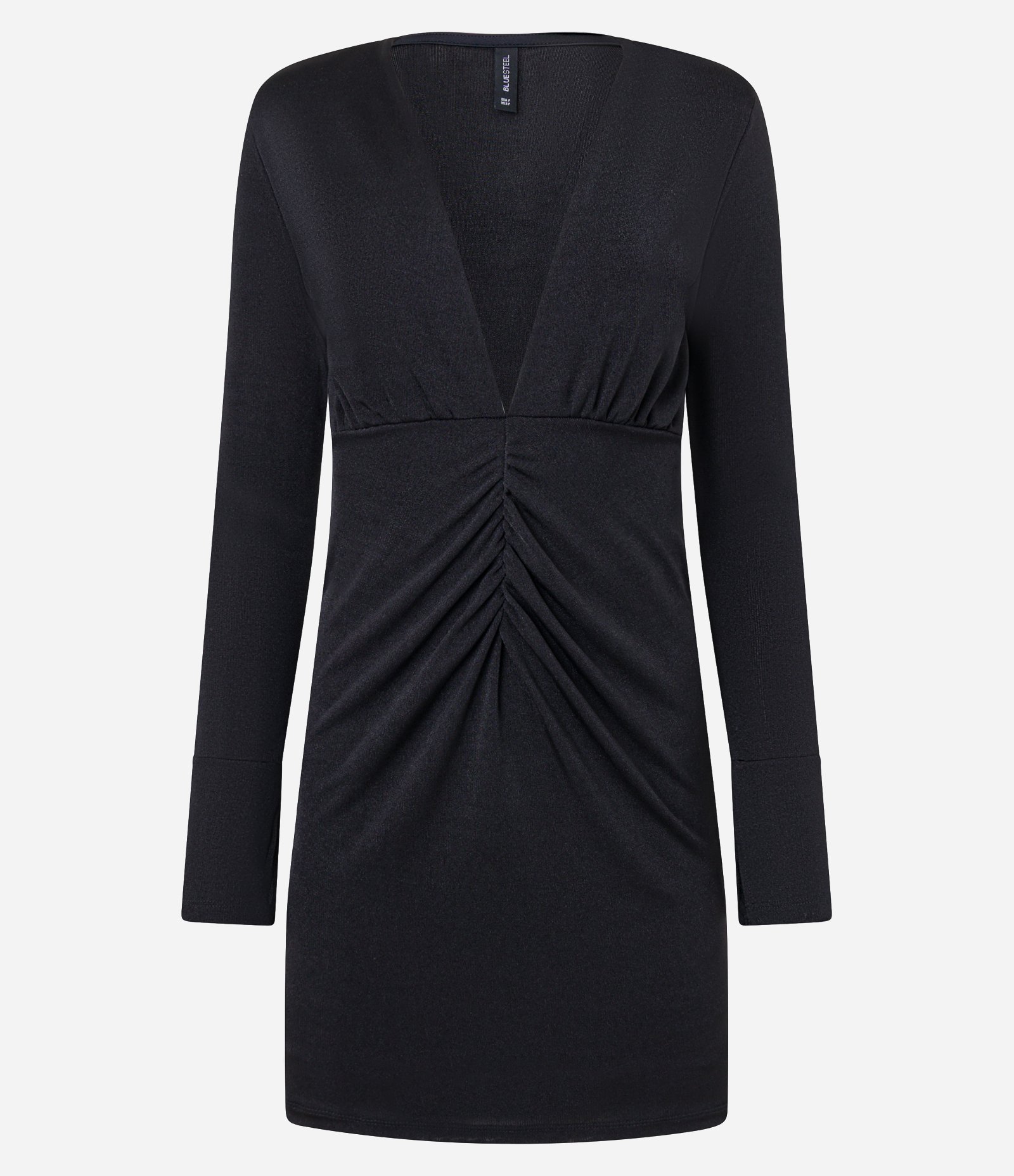 Vestido Curto em Ribana com Manga Longa e Franzido Frontal Preto 5