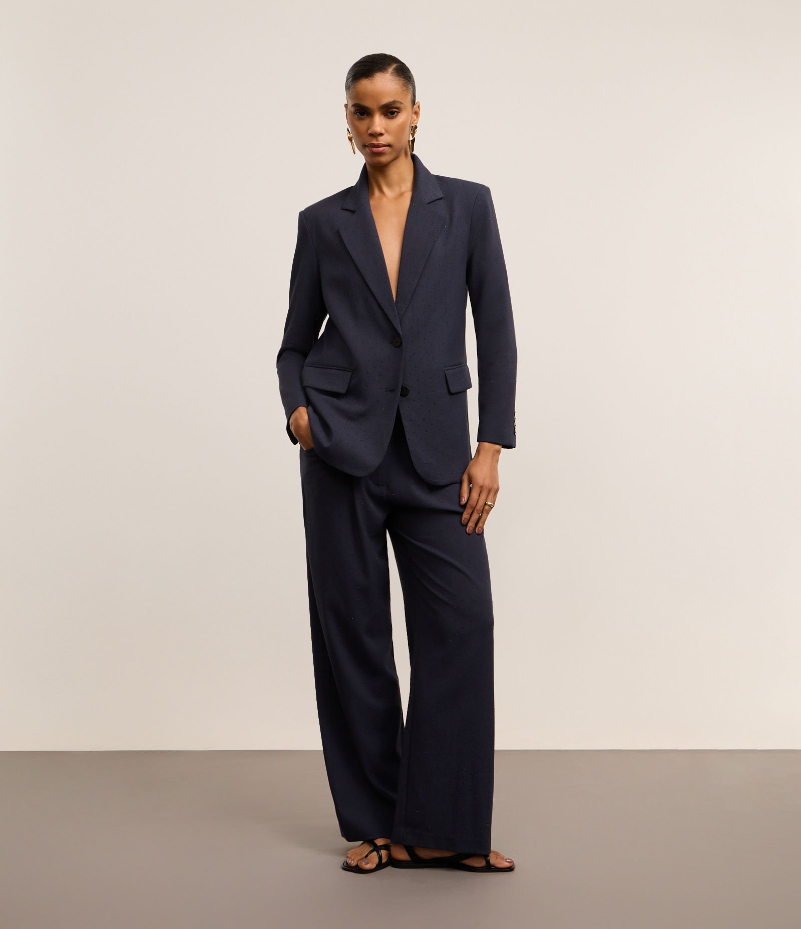 Calça Wide Leg Alfaiatada com Pregas e Aplicação de Strass Azul 1