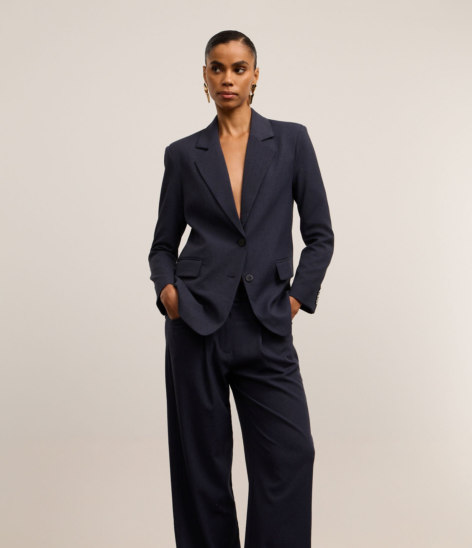 Calça Wide Leg Alfaiatada com Pregas e Aplicação de Strass Azul 3