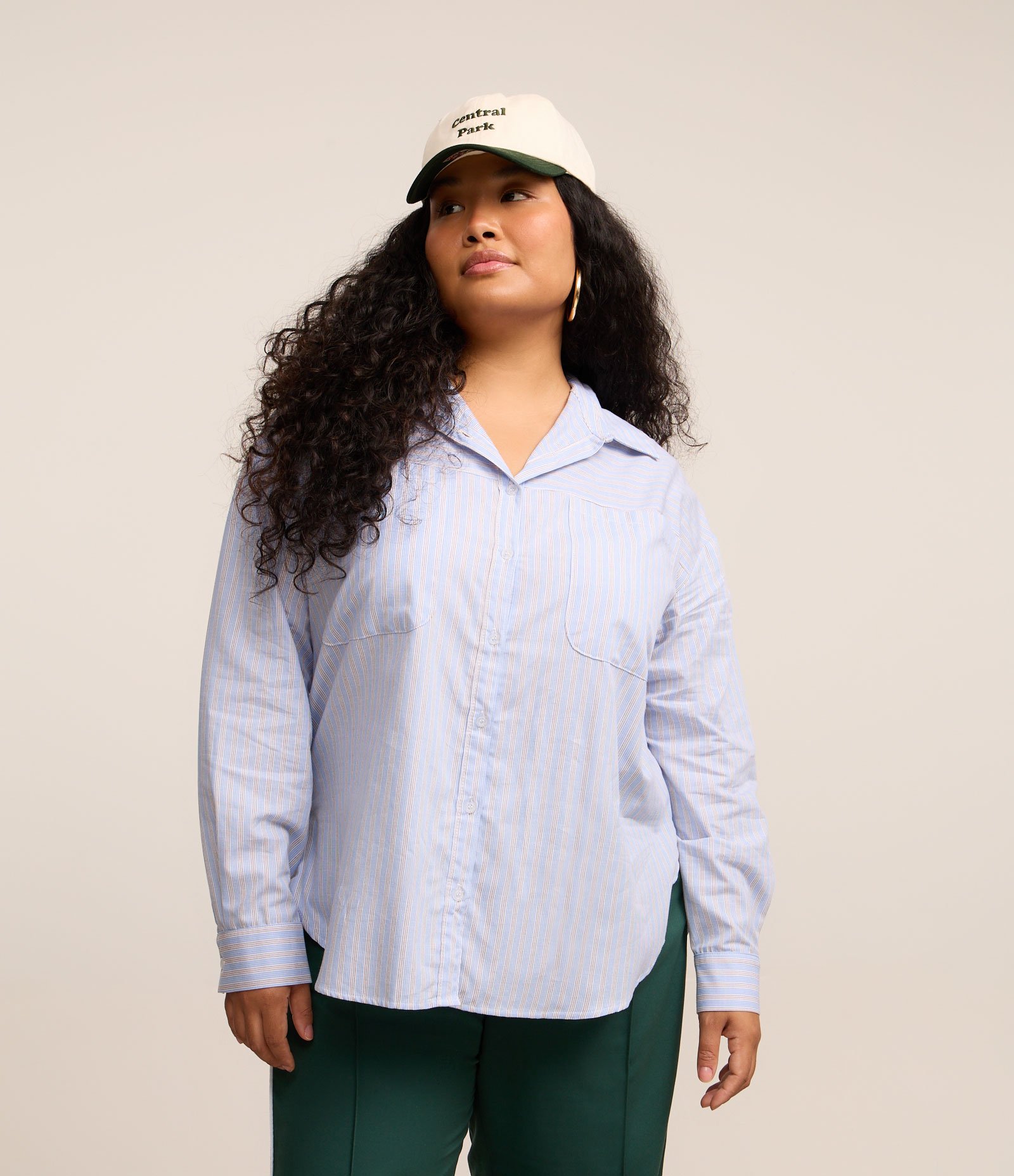 Camisa em Tricoline com Listras Curve & Plus Size Azul 1
