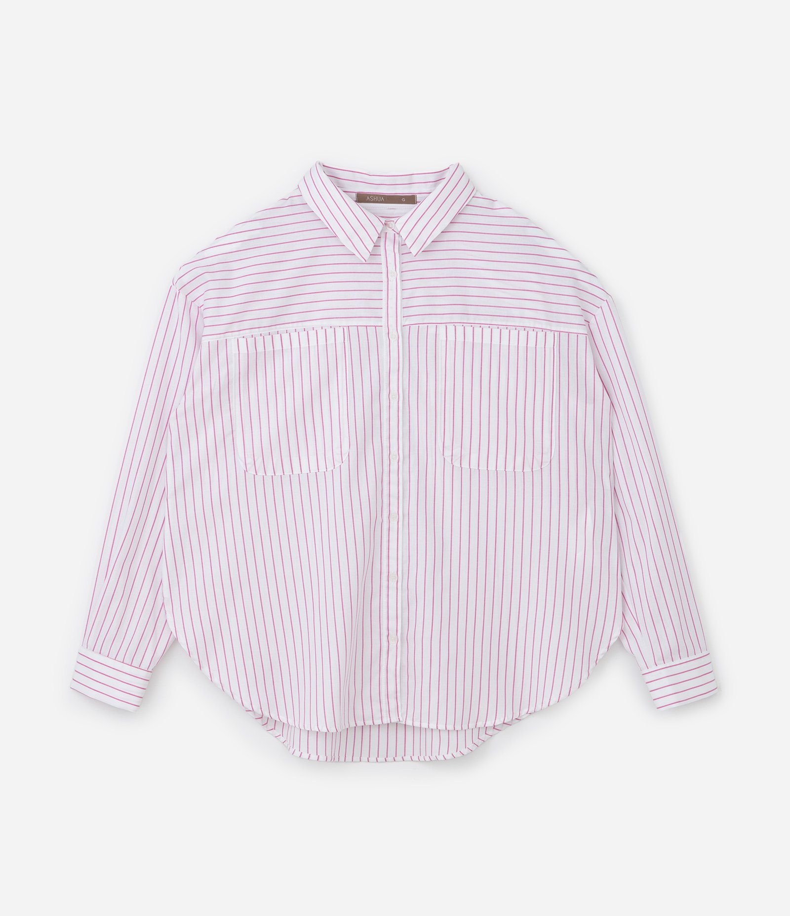 Camisa Listrada em Tricoline com Bolsos Curve & Plus Size Branco/Rosa 3