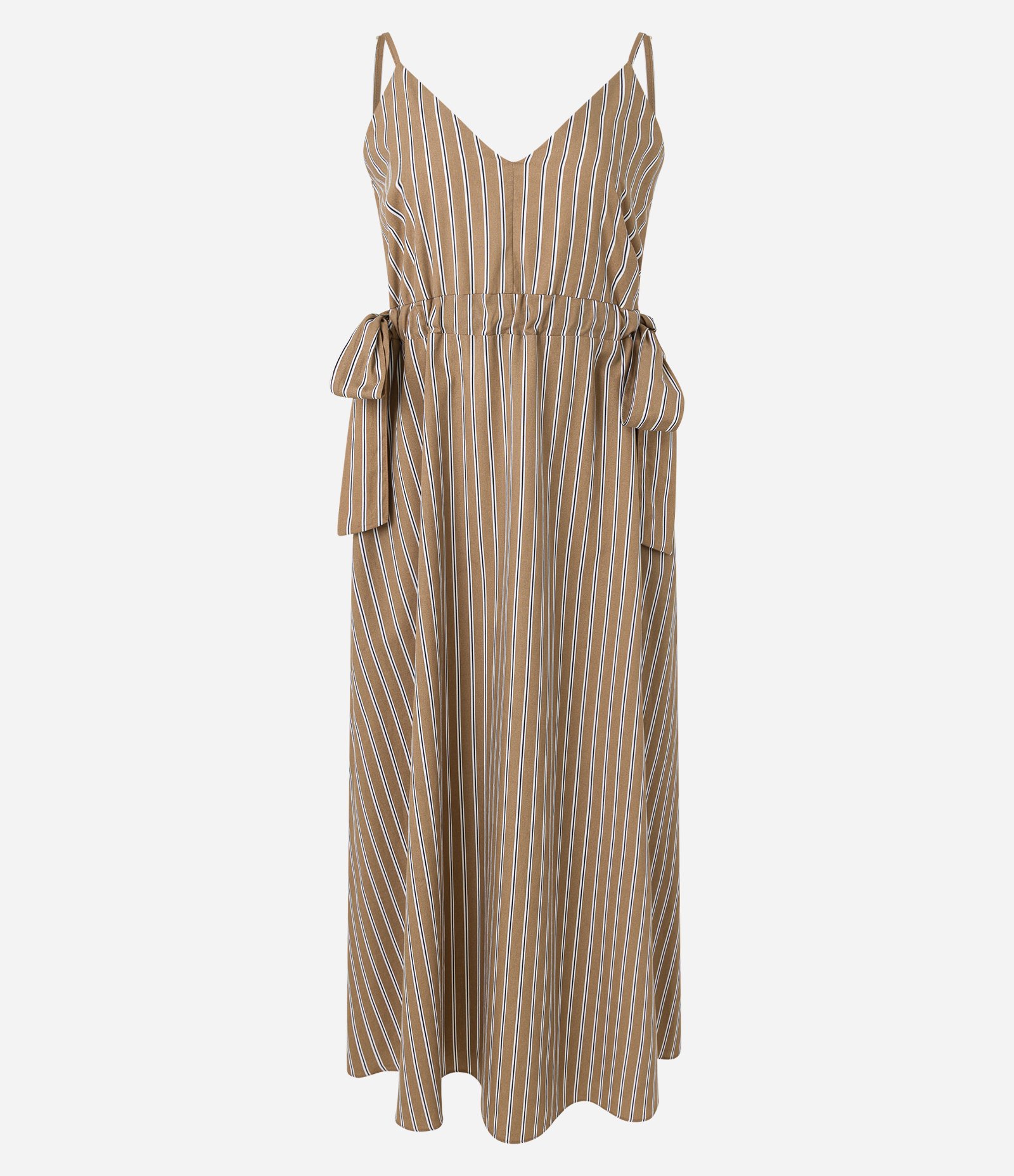 Vestido Evasê Longo em Tricoline Listrado com Amarração Marrom 6