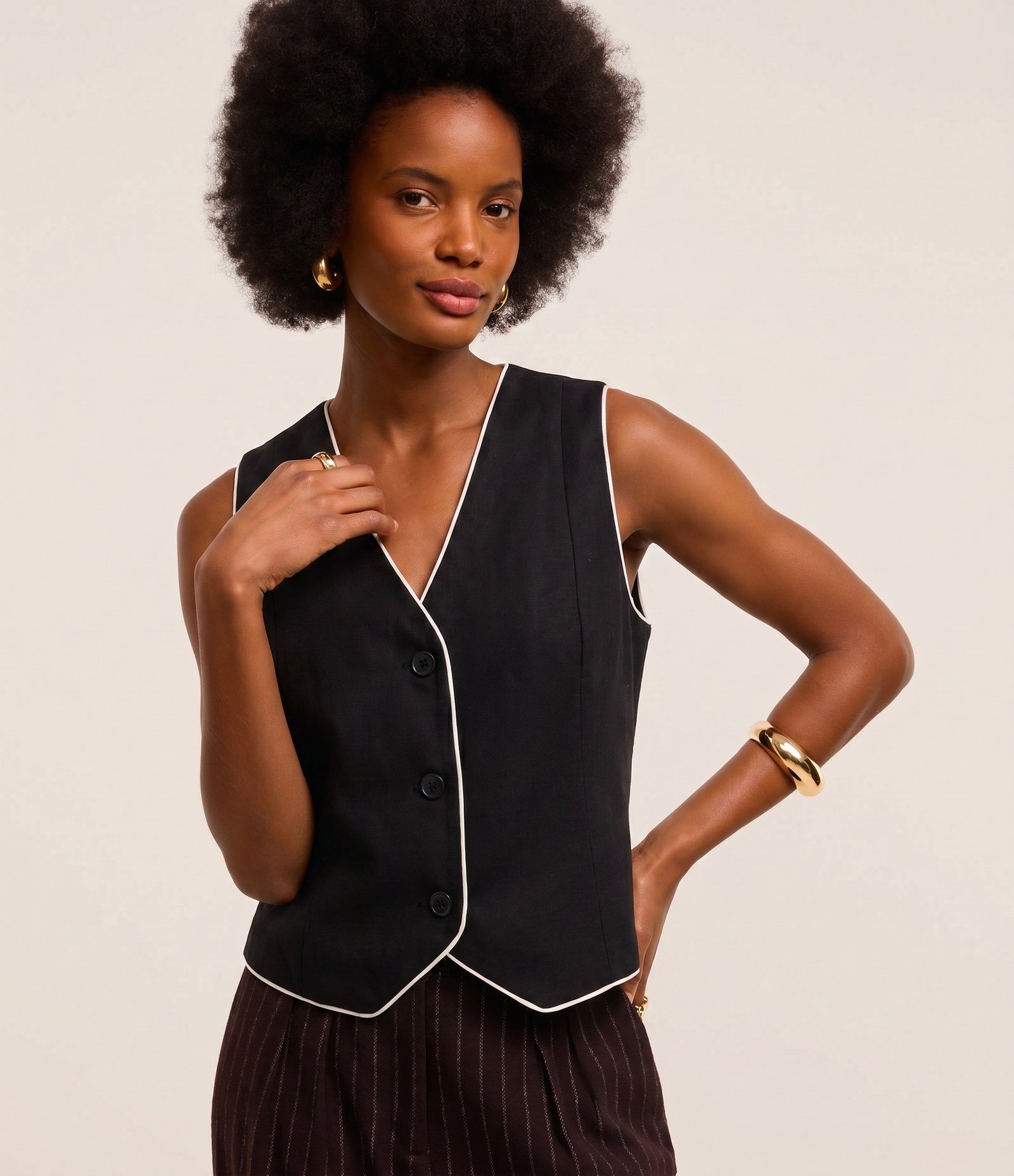 Colete em Viscose e Linho com Vieses Contrastantes Preto 1